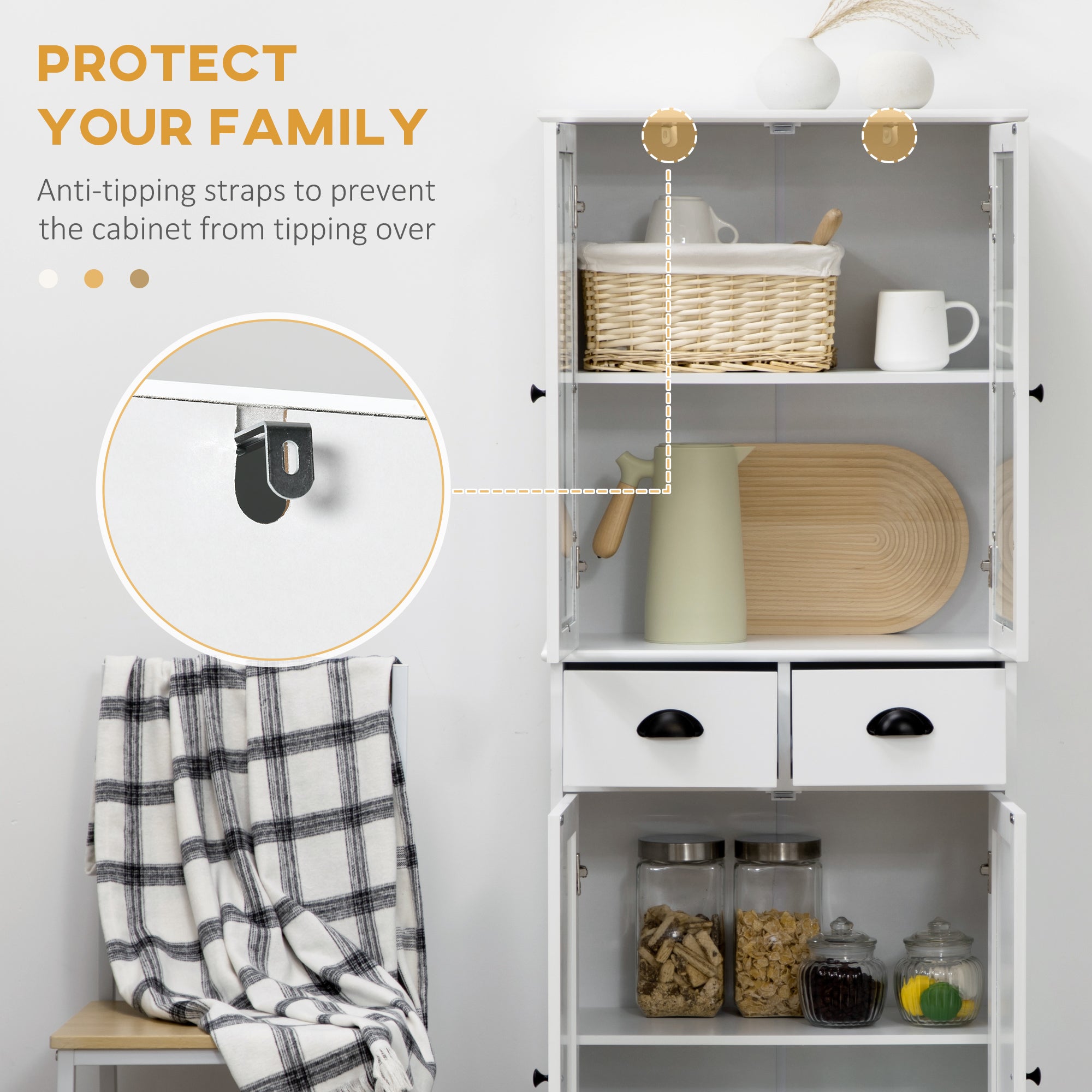 61" Farmhouse Pantry Cabinet - White, Glass Doors, Adjustable Shelves-DECOROLALA
