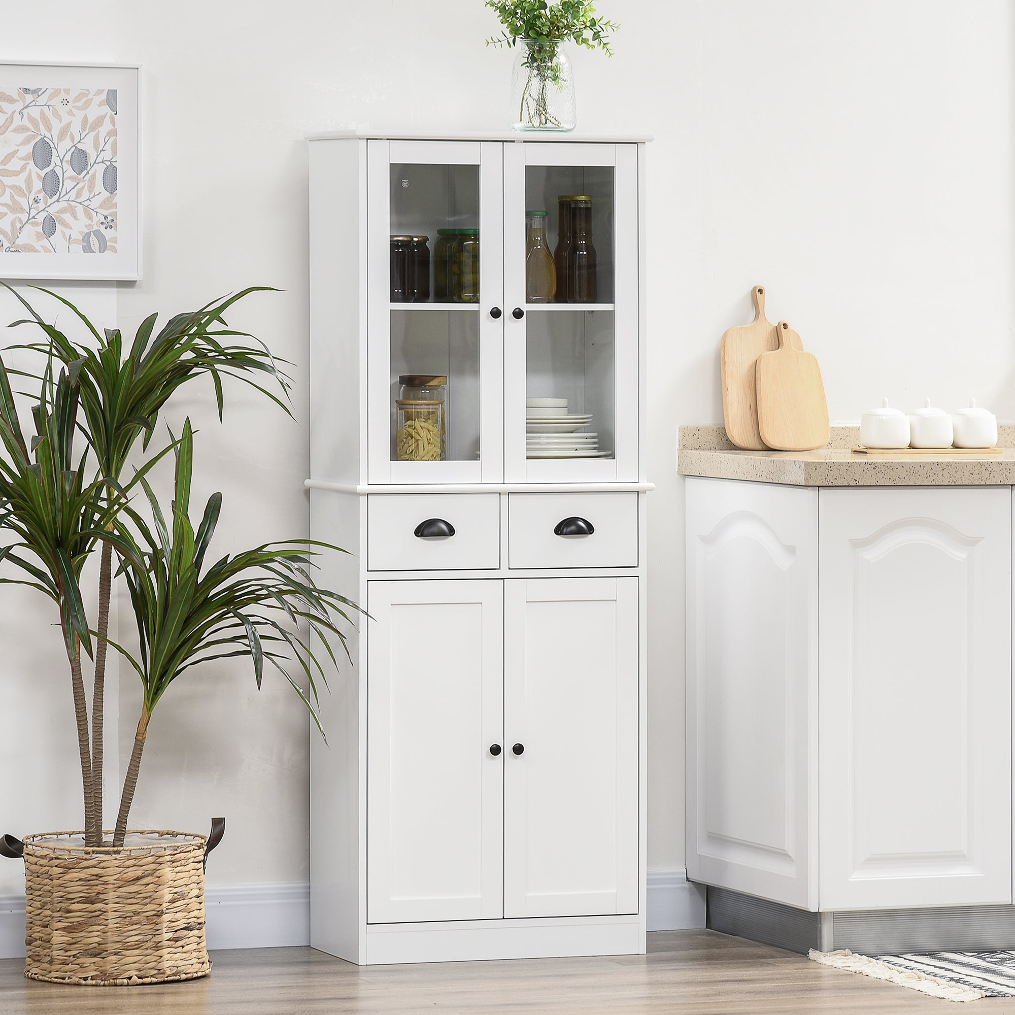 61" Farmhouse Pantry Cabinet - White, Glass Doors, Adjustable Shelves-DECOROLALA