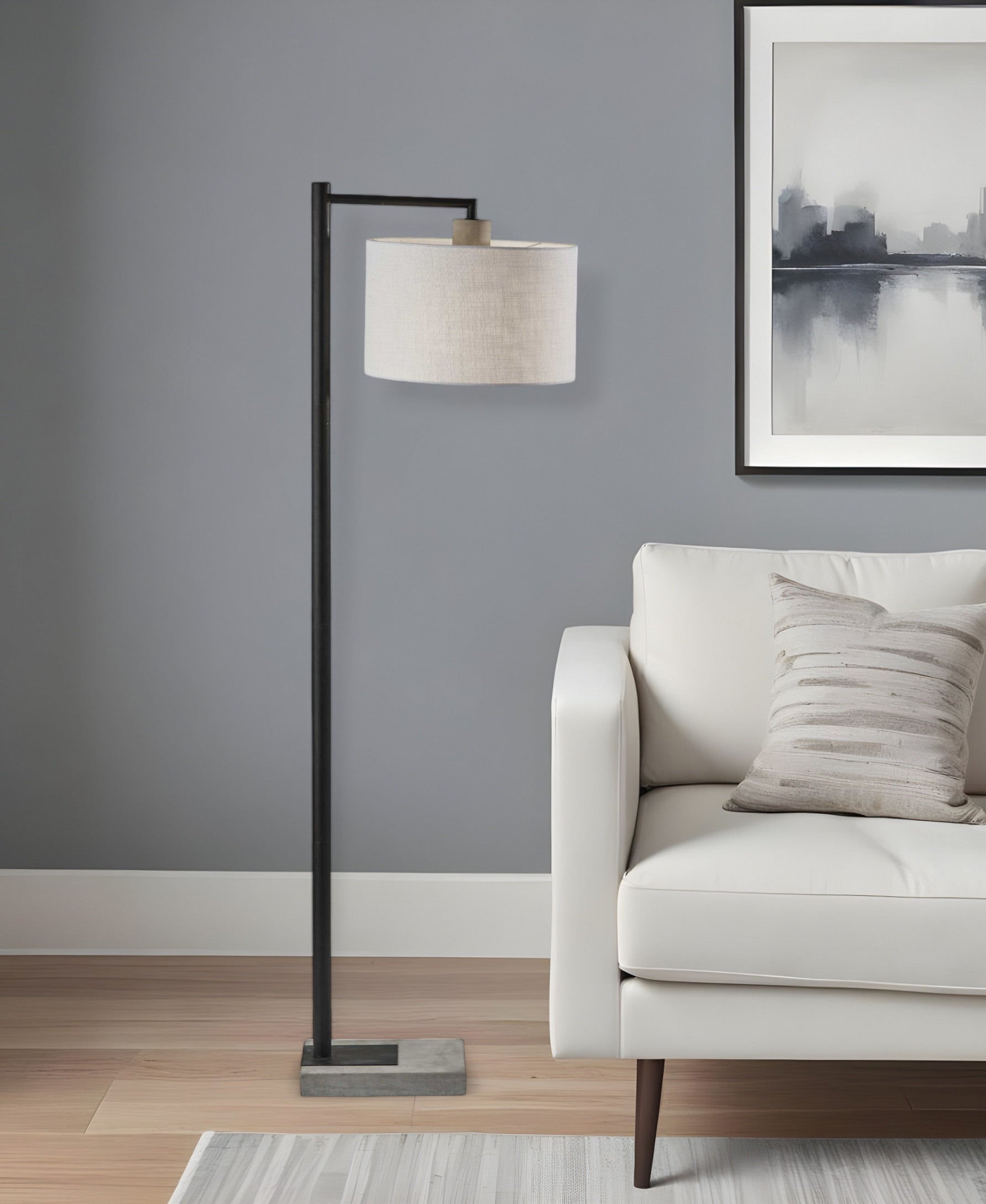 61" Grey And Black Arc Floor Lamp With White Fabric Drum Shade-Floor Lamps-DECOROLALA