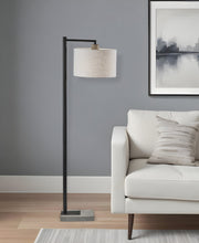 61" Grey And Black Arc Floor Lamp With White Fabric Drum Shade-Floor Lamps-DECOROLALA