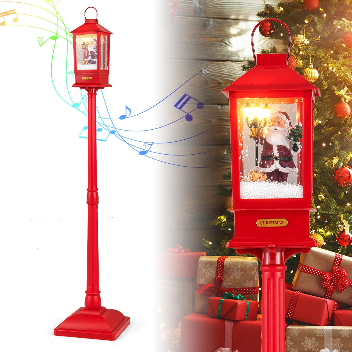 61 Inch Christmas Musical Street Lamp Post with Detachable Snow Globe Lantern-Red-Christmas Decorations & Accessories-DECOROLALA