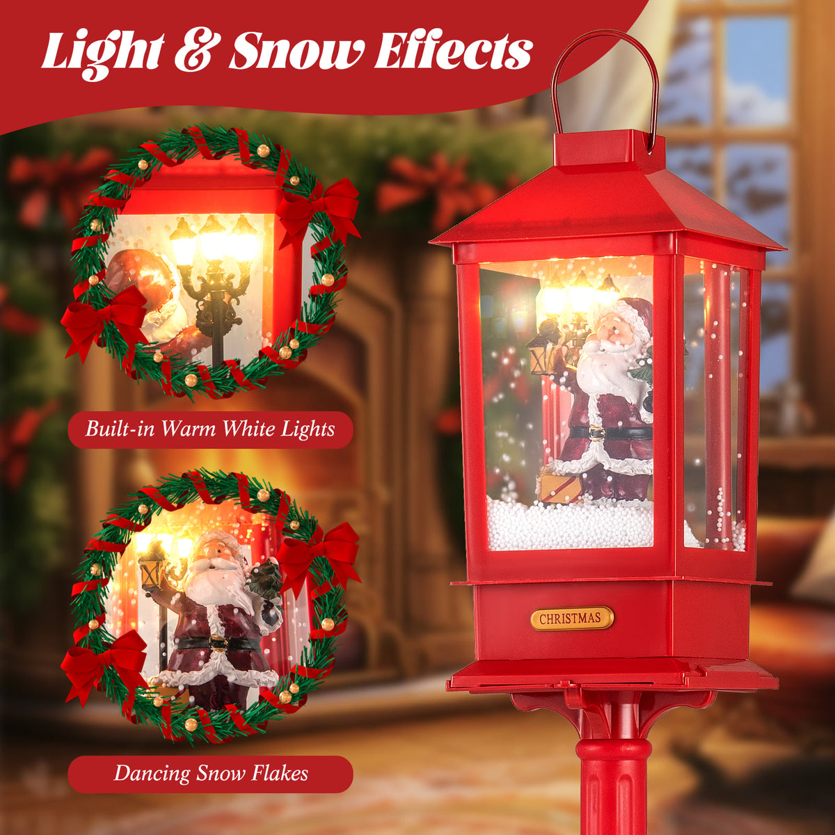 61 Inch Christmas Musical Street Lamp Post with Detachable Snow Globe Lantern-Red-Christmas Decorations & Accessories-DECOROLALA
