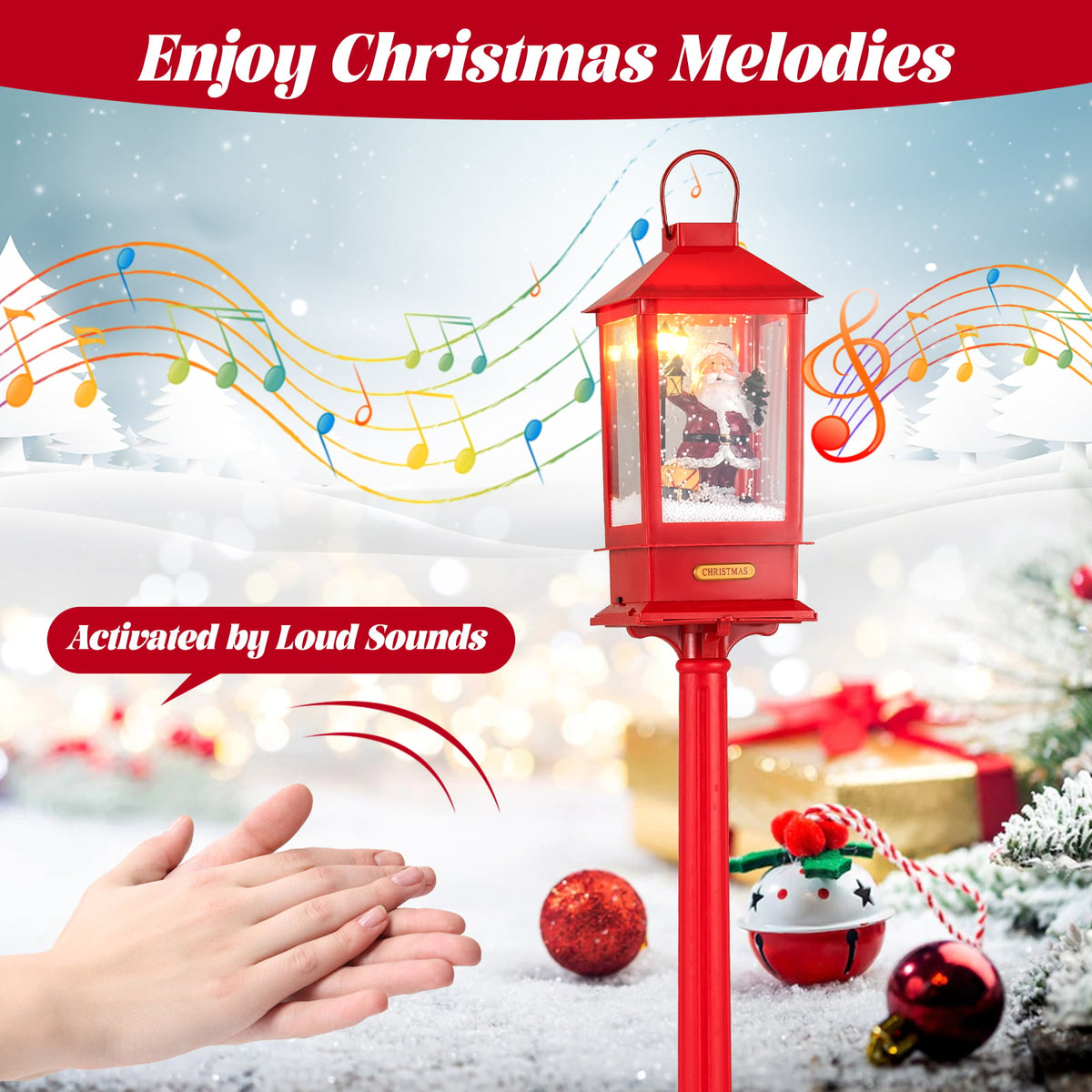 61 Inch Christmas Musical Street Lamp Post with Detachable Snow Globe Lantern-Red-Christmas Decorations & Accessories-DECOROLALA