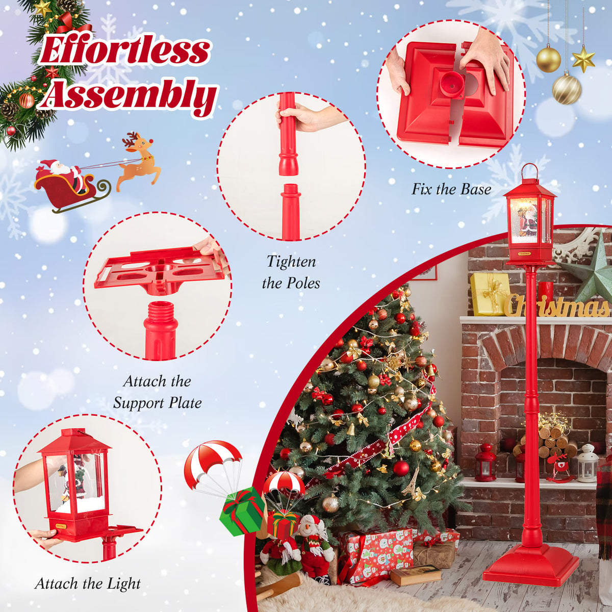 61 Inch Christmas Musical Street Lamp Post with Detachable Snow Globe Lantern-Red-Christmas Decorations & Accessories-DECOROLALA