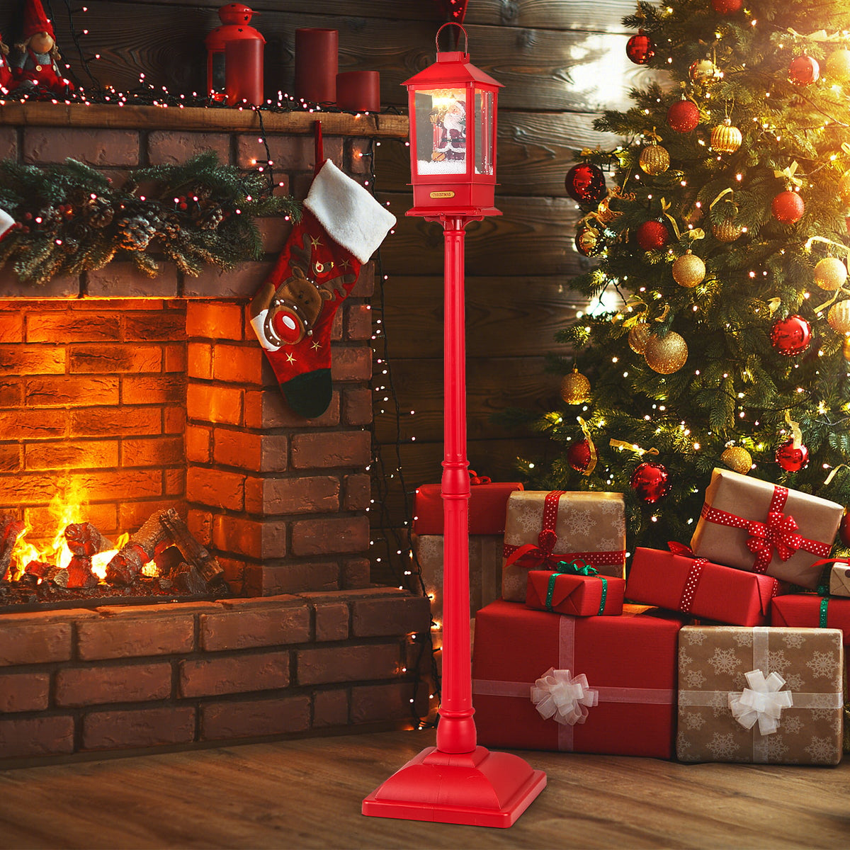 61 Inch Christmas Musical Street Lamp Post with Detachable Snow Globe Lantern-Red-Christmas Decorations & Accessories-DECOROLALA