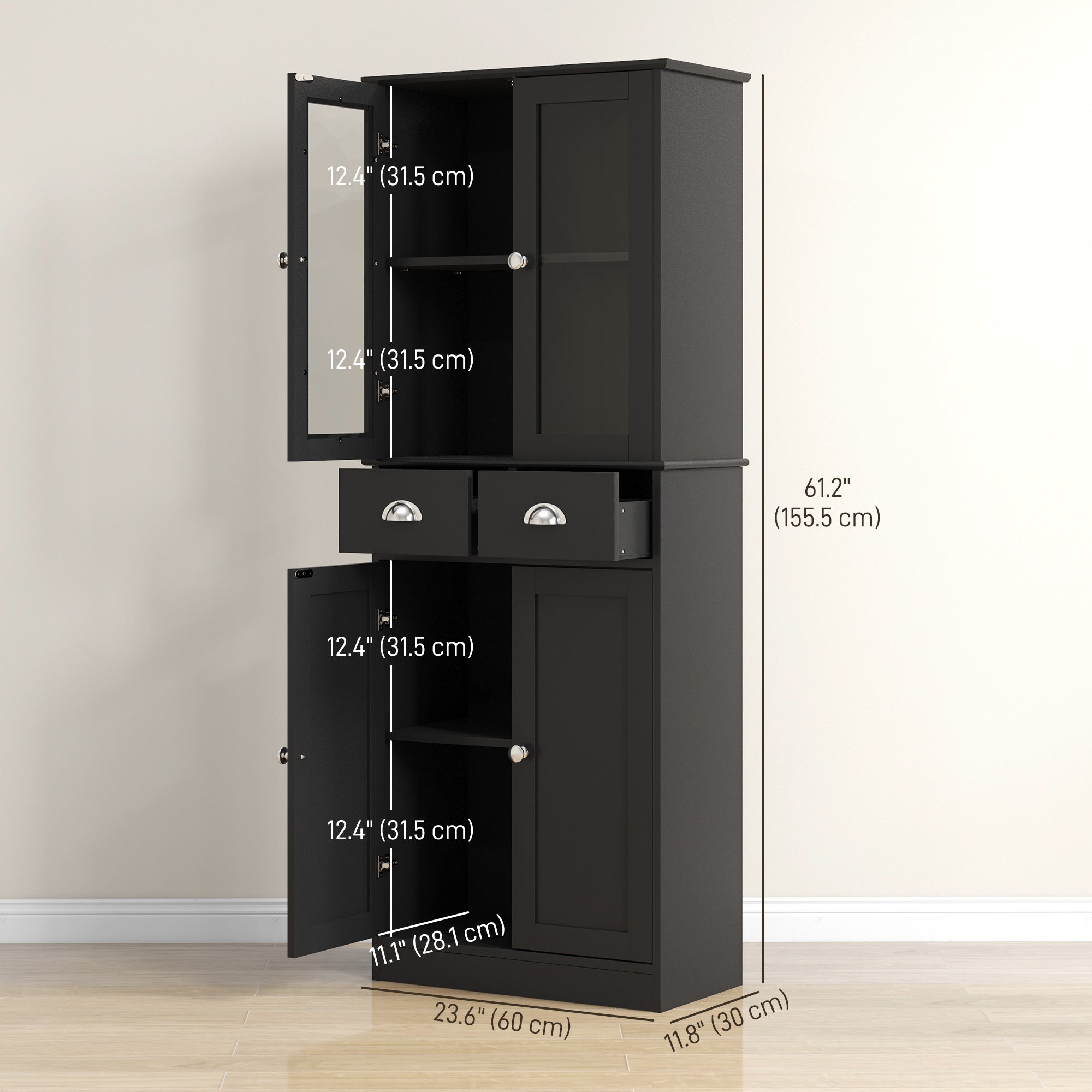 61" Kitchen Buffet - Farmhouse Pantry with Glass Doors, Black-DECOROLALA