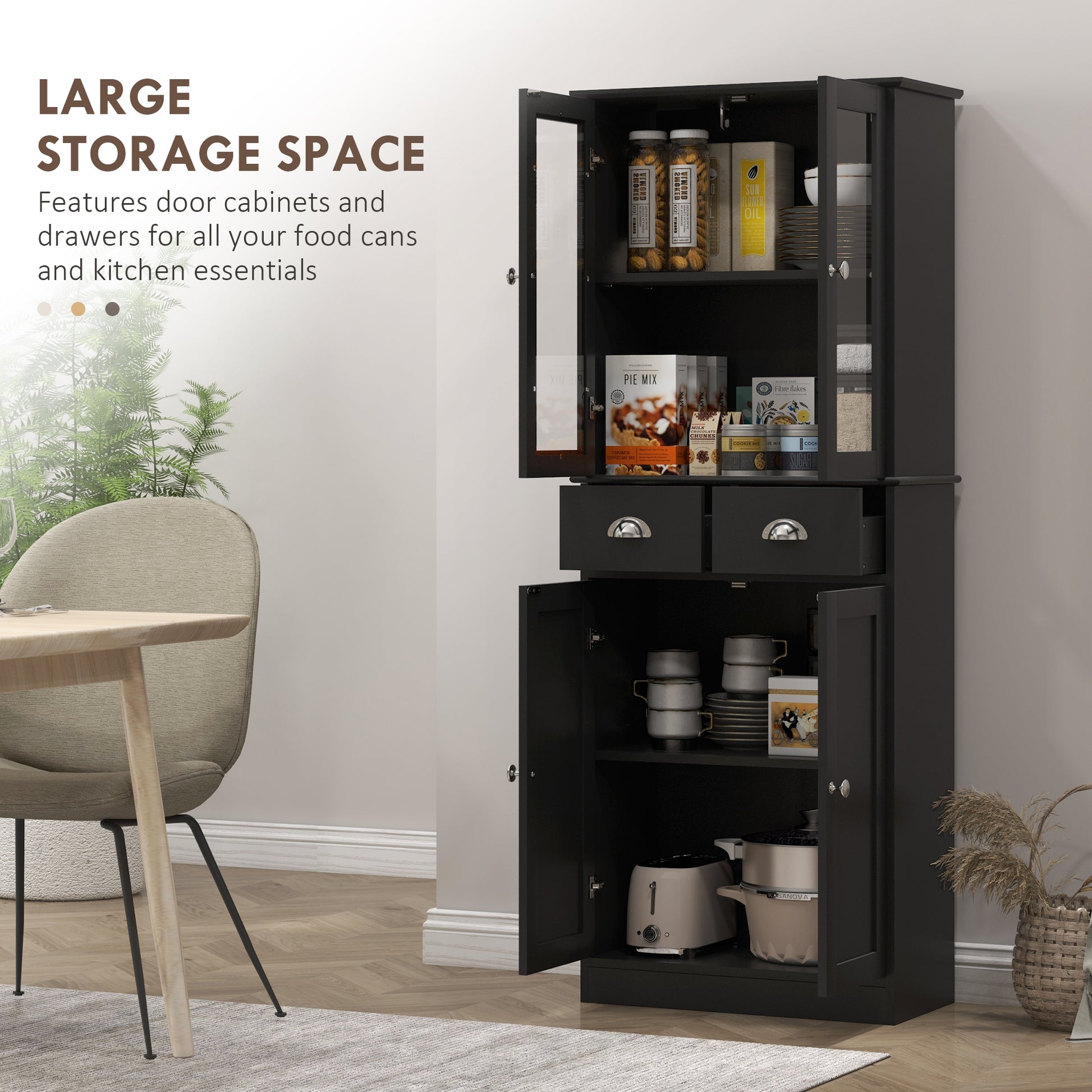 61" Kitchen Buffet - Farmhouse Pantry with Glass Doors, Black-DECOROLALA