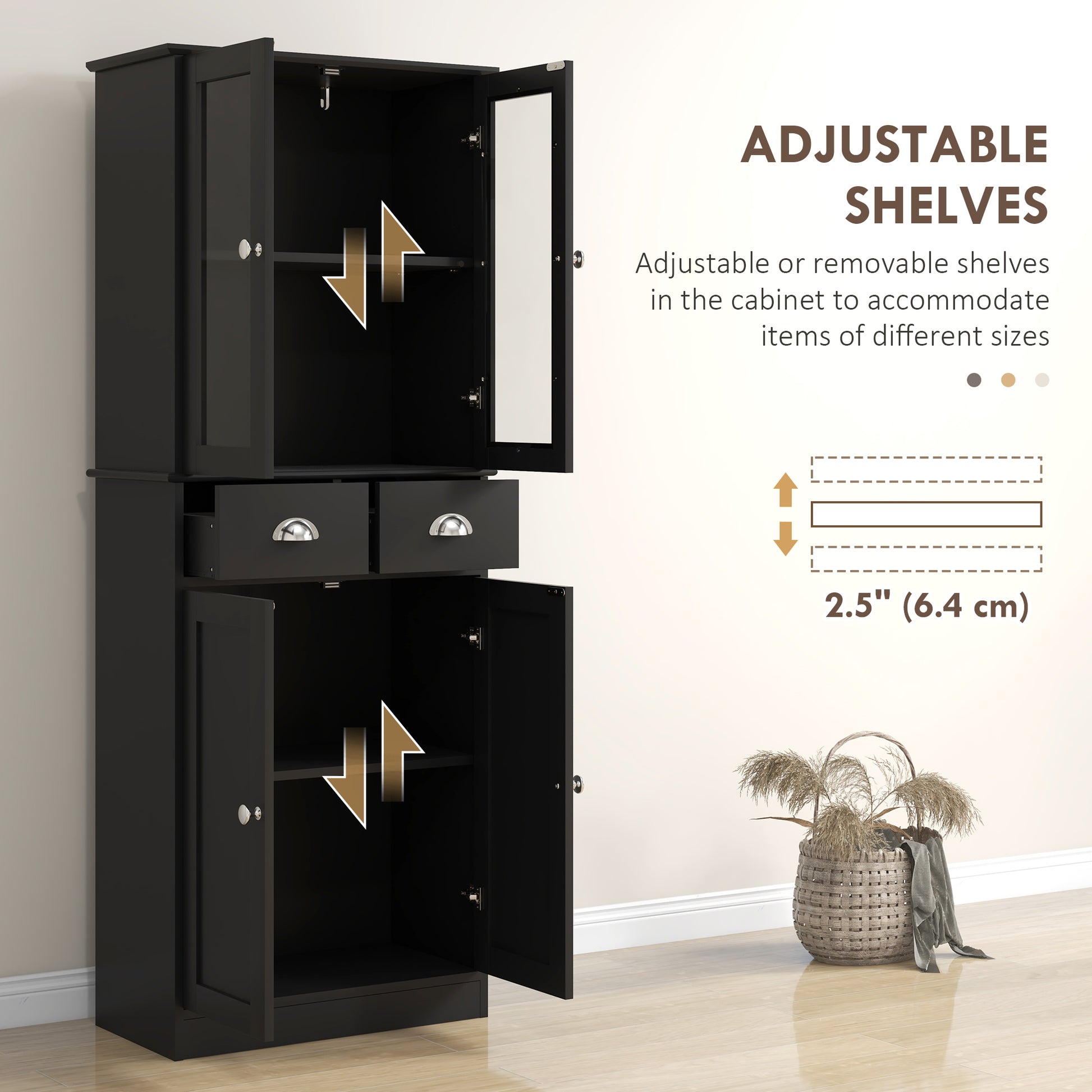 61" Kitchen Buffet - Farmhouse Pantry with Glass Doors, Black-DECOROLALA