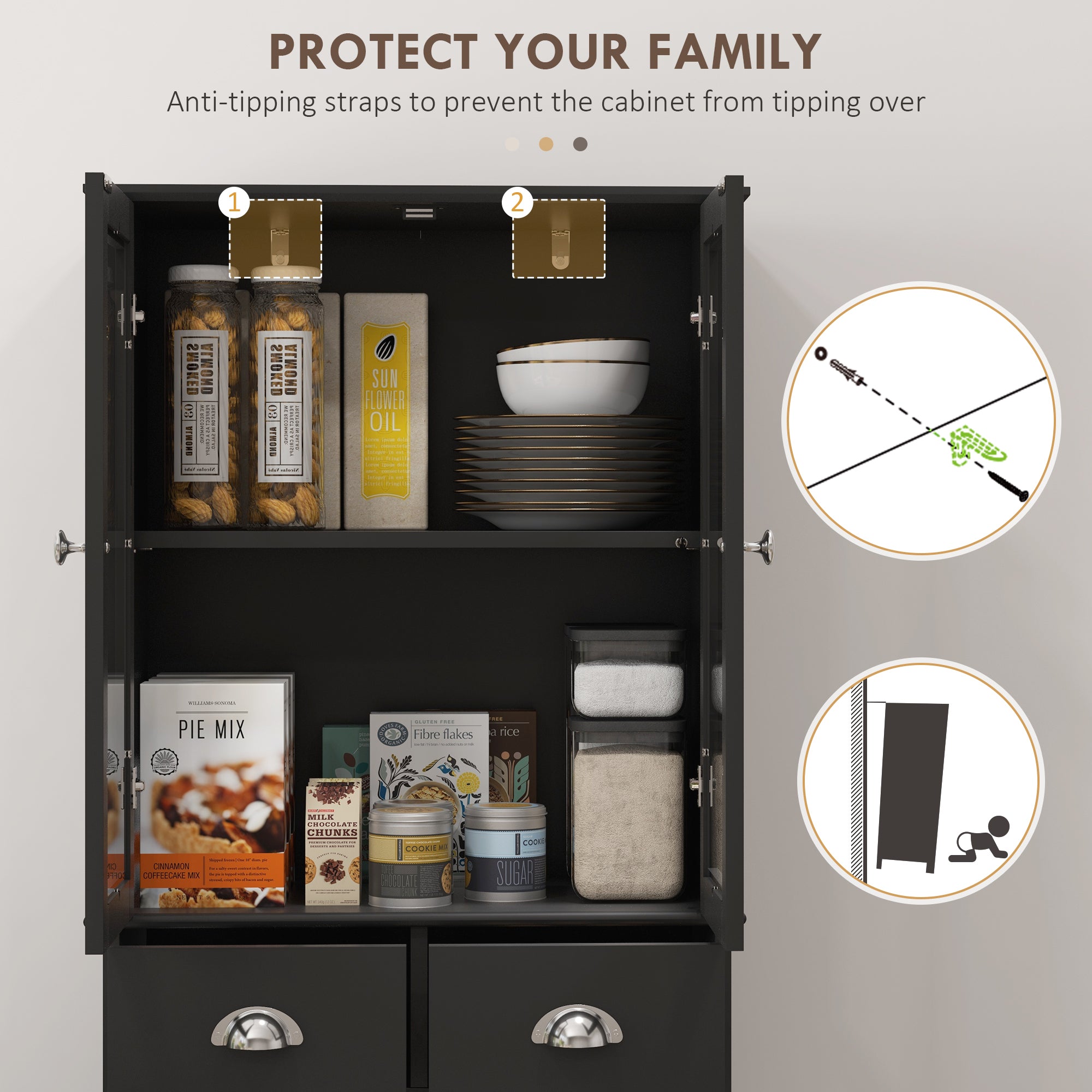 61" Kitchen Buffet - Farmhouse Pantry with Glass Doors, Black-DECOROLALA