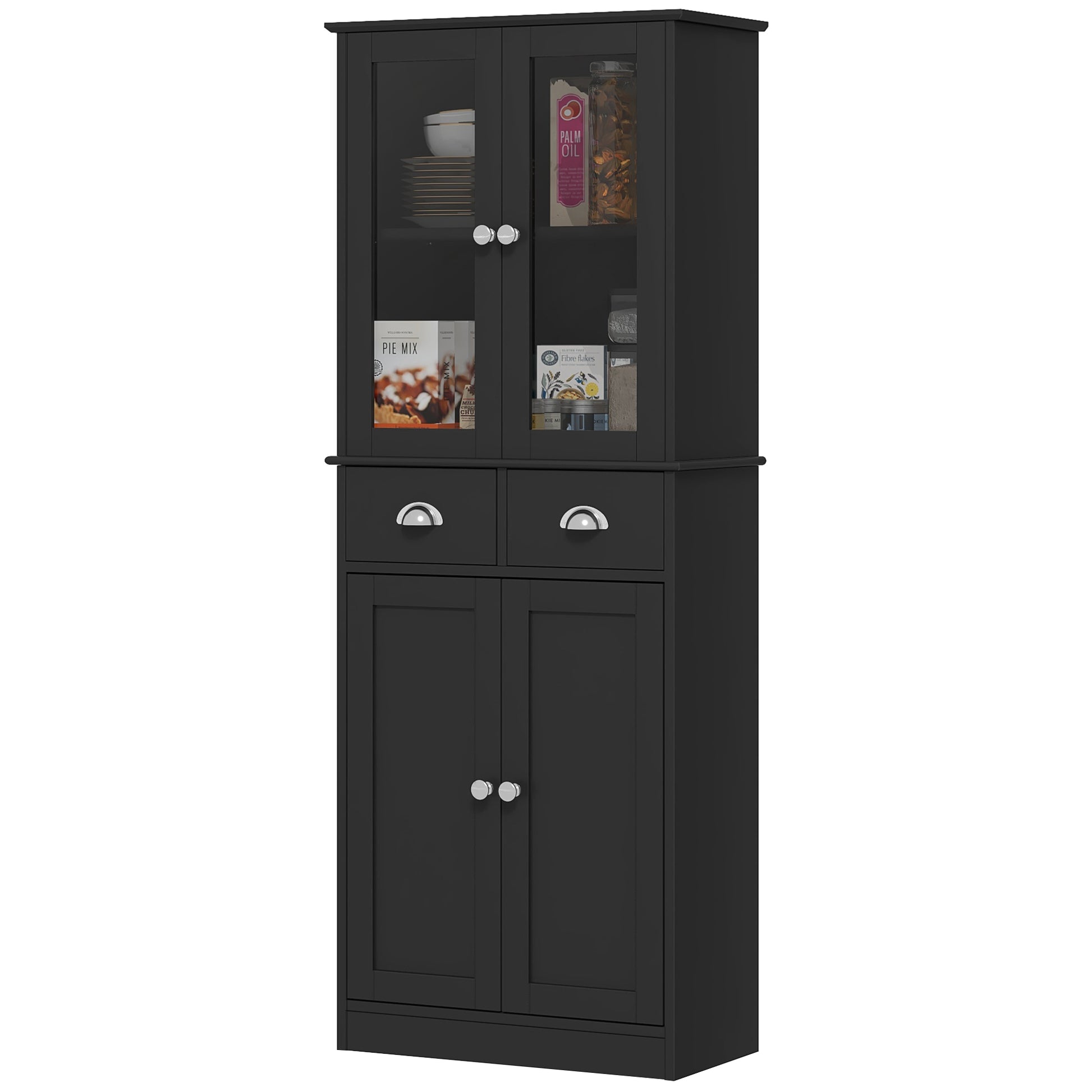 61" Kitchen Buffet - Farmhouse Pantry with Glass Doors, Black-DECOROLALA