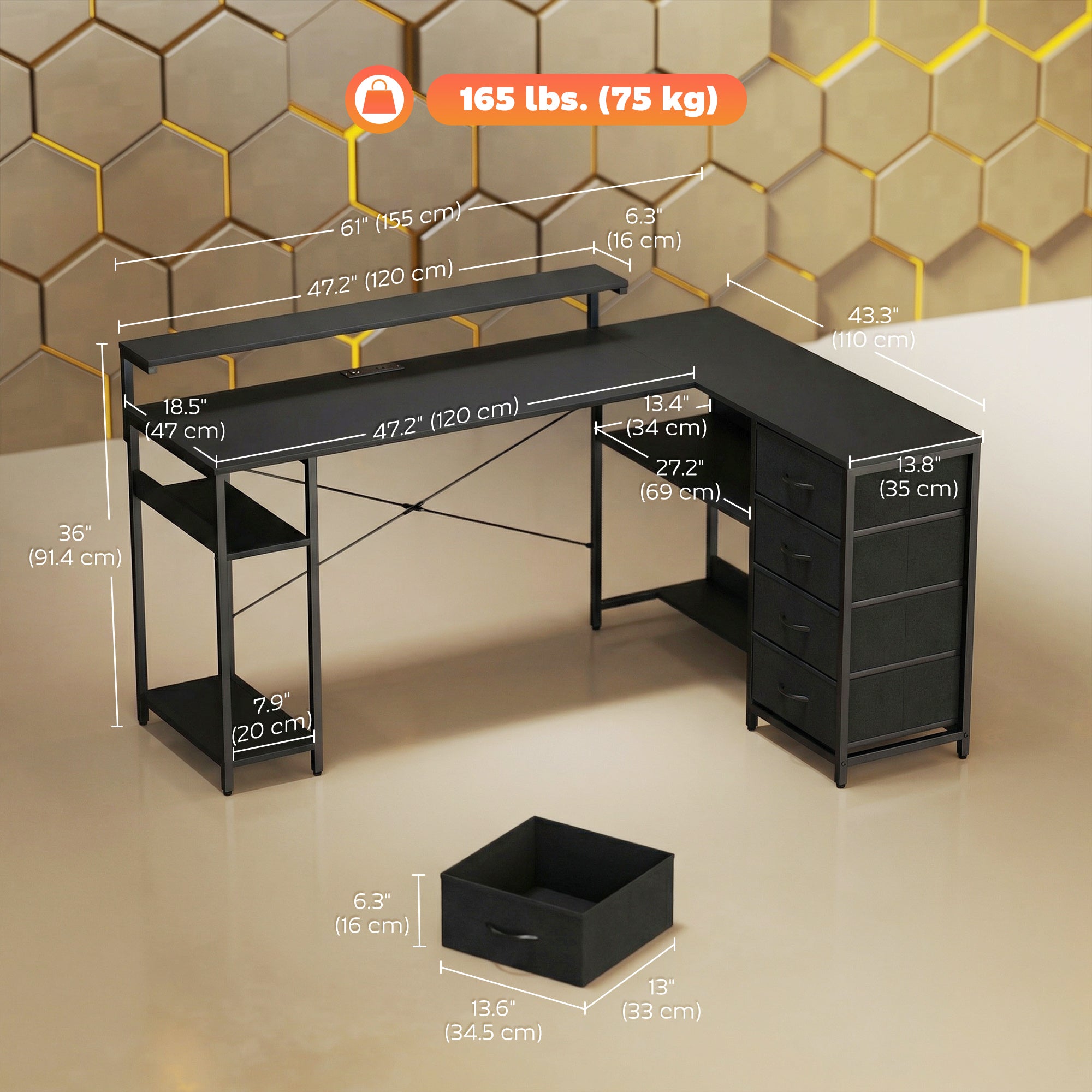61" L-Shaped Gaming Desk with LED Lights & Power Outlets - Black-DECOROLALA