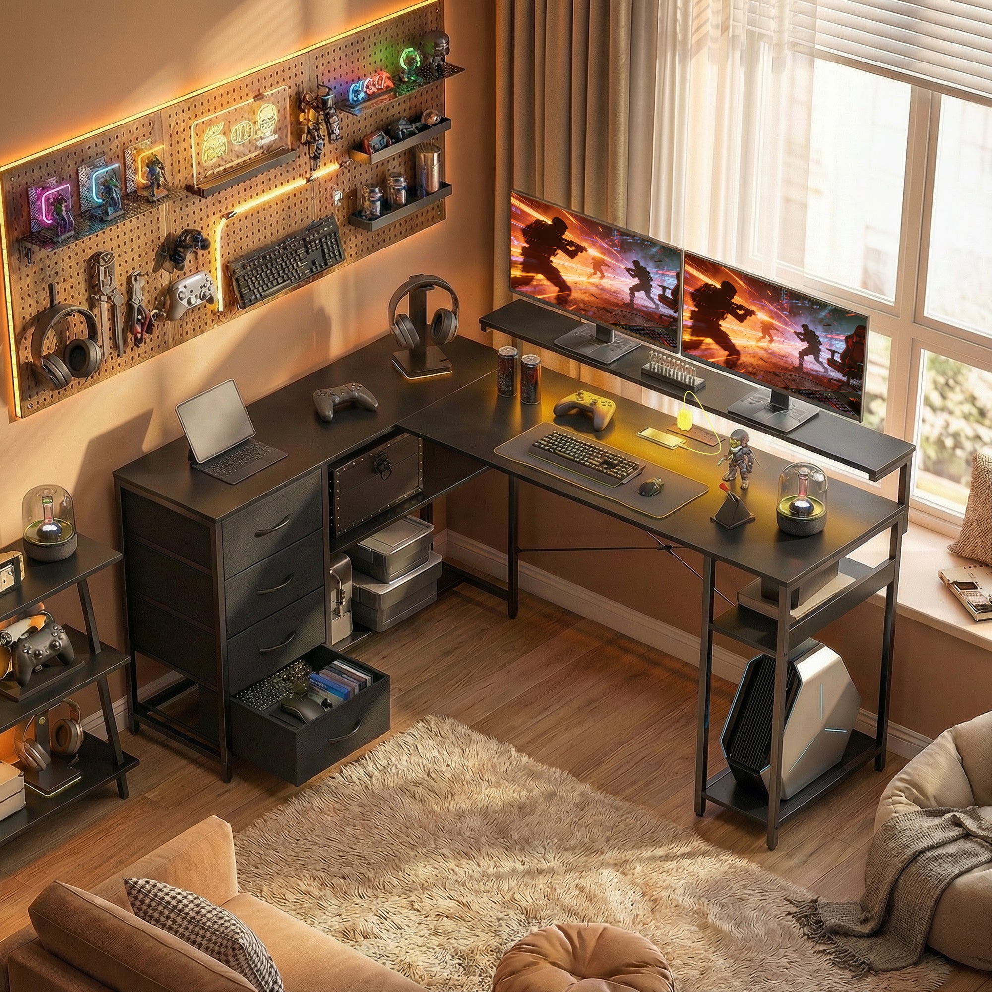 61" L-Shaped Gaming Desk with LED Lights & Power Outlets - Black-DECOROLALA