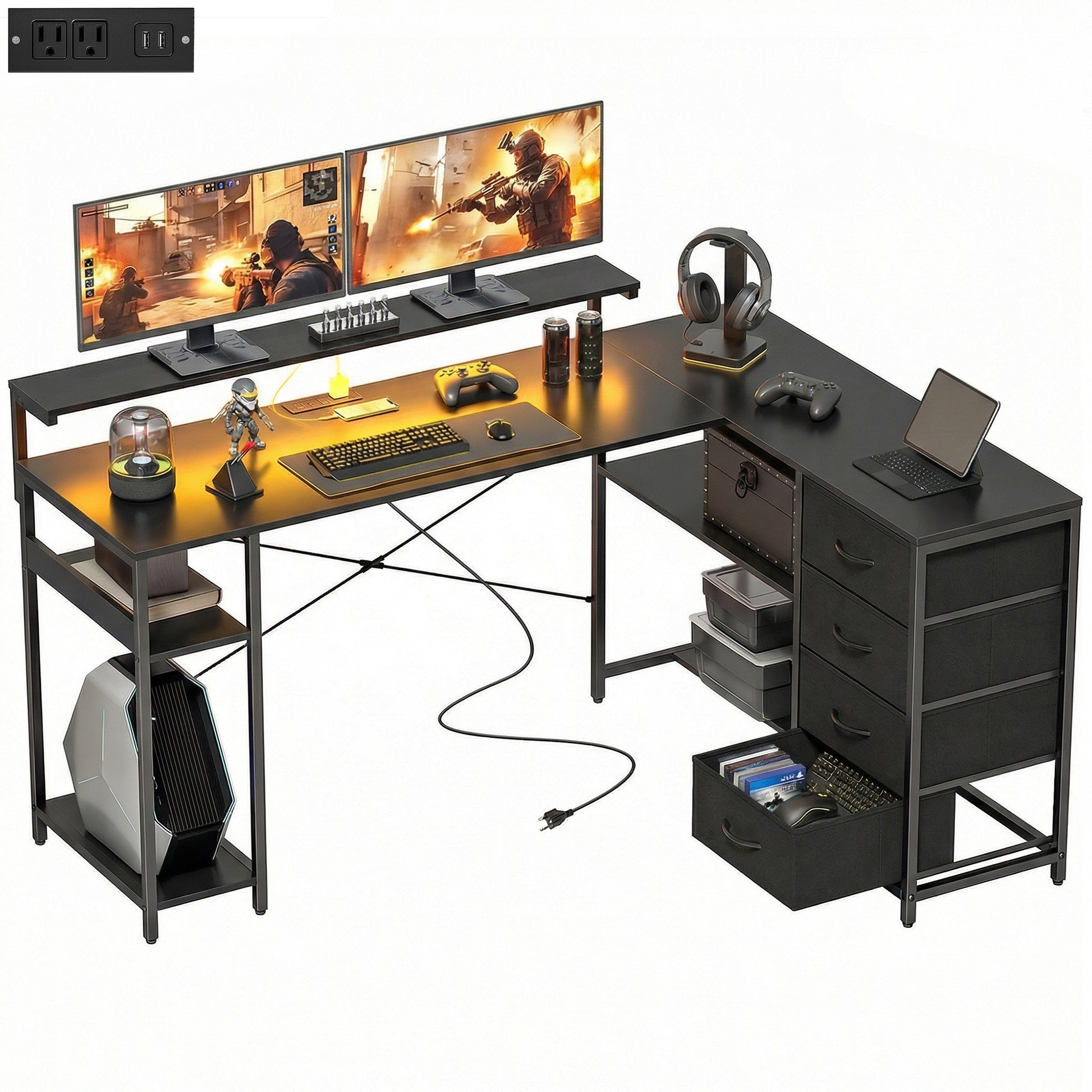 61" L-Shaped Gaming Desk with LED Lights & Power Outlets - Black-DECOROLALA