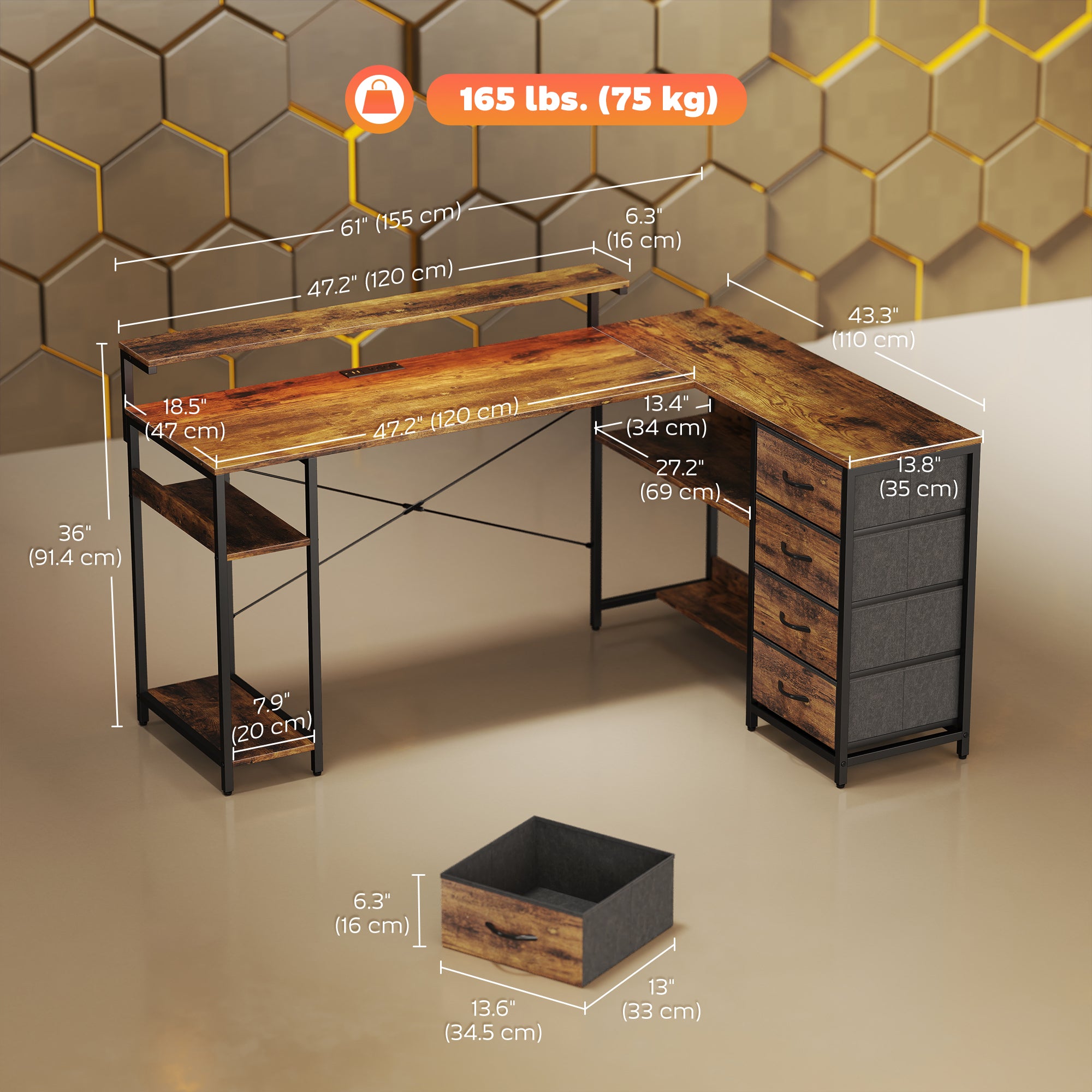 61" Reversible L-Shaped Gaming Desk - Rustic Brown-DECOROLALA