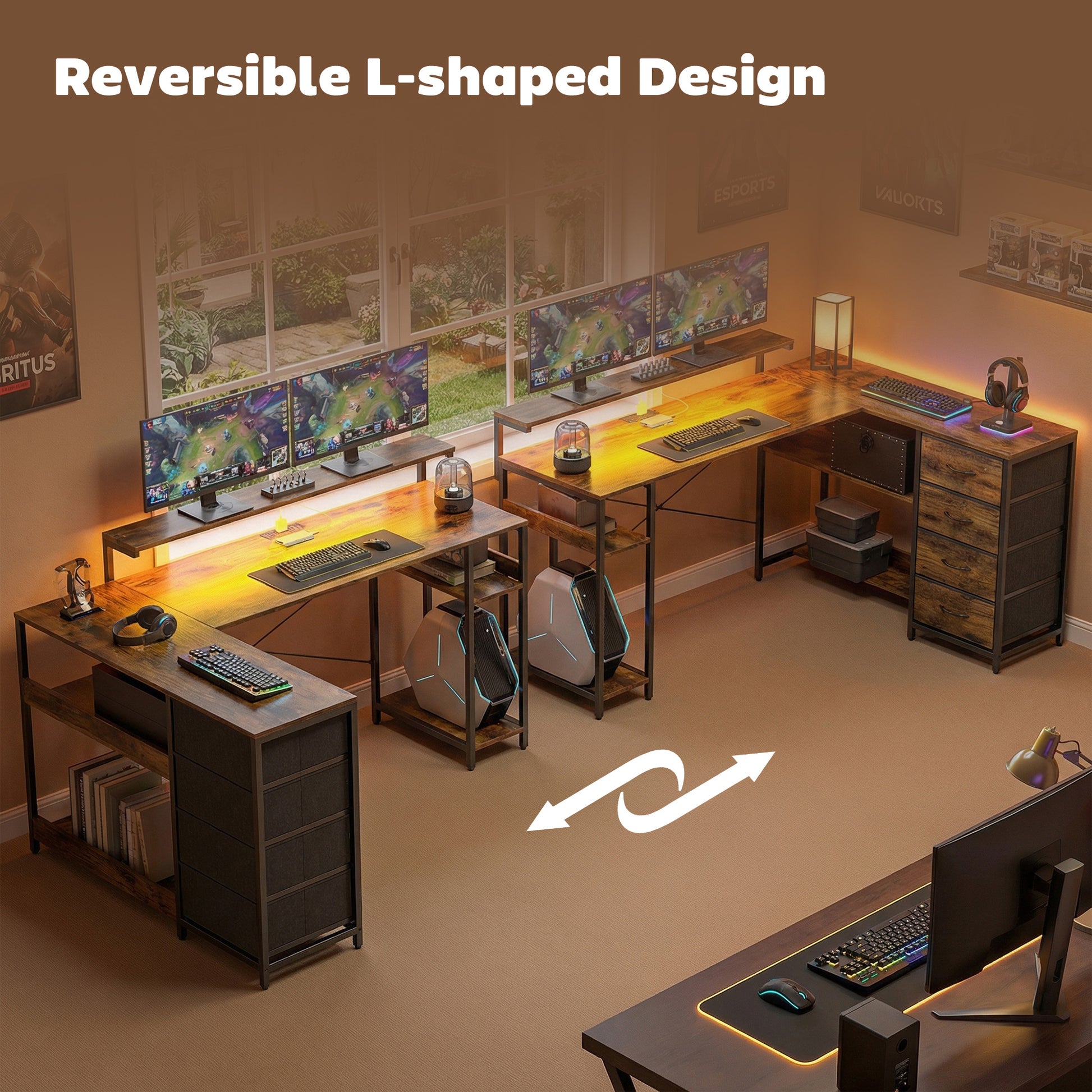 61" Reversible L-Shaped Gaming Desk - Rustic Brown-DECOROLALA