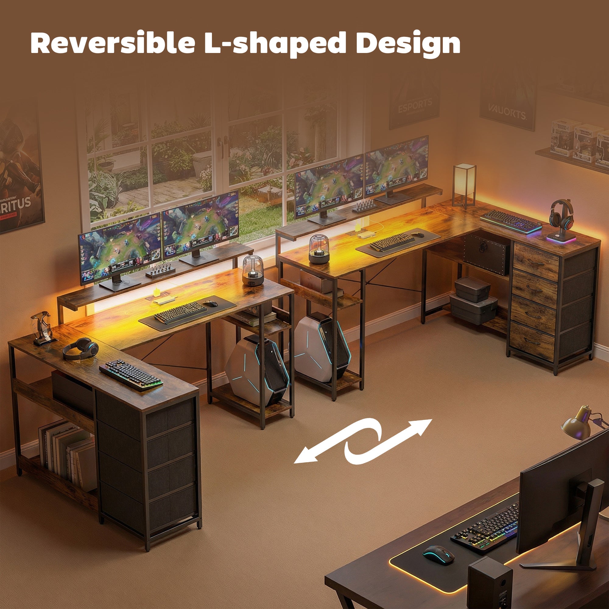 61" Reversible L-Shaped Gaming Desk - Rustic Brown-DECOROLALA