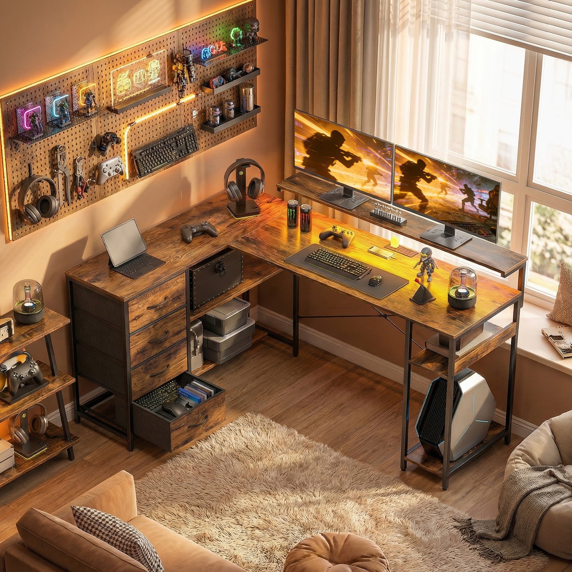 61" Reversible L-Shaped Gaming Desk - Rustic Brown-DECOROLALA