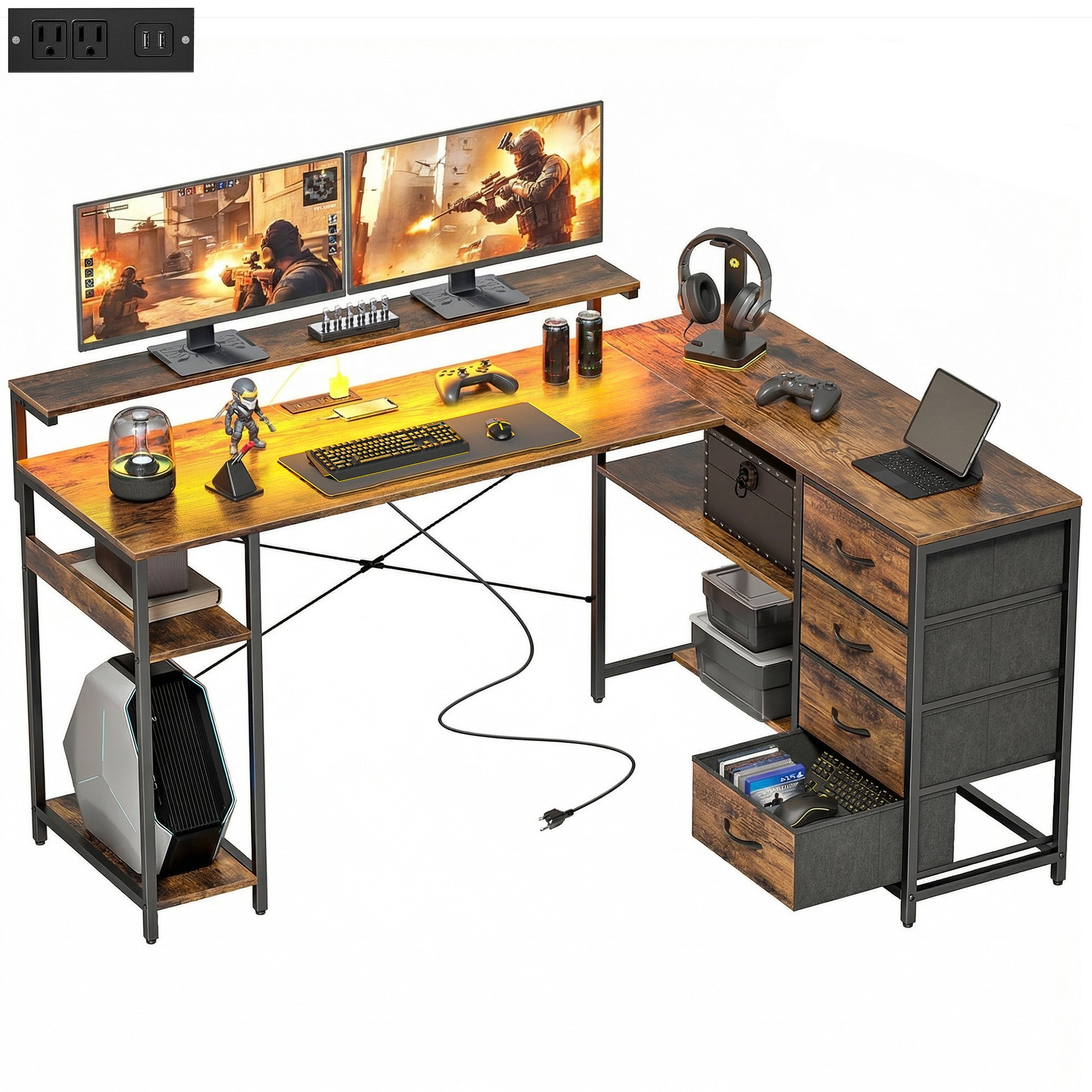 61" Reversible L-Shaped Gaming Desk - Rustic Brown-DECOROLALA