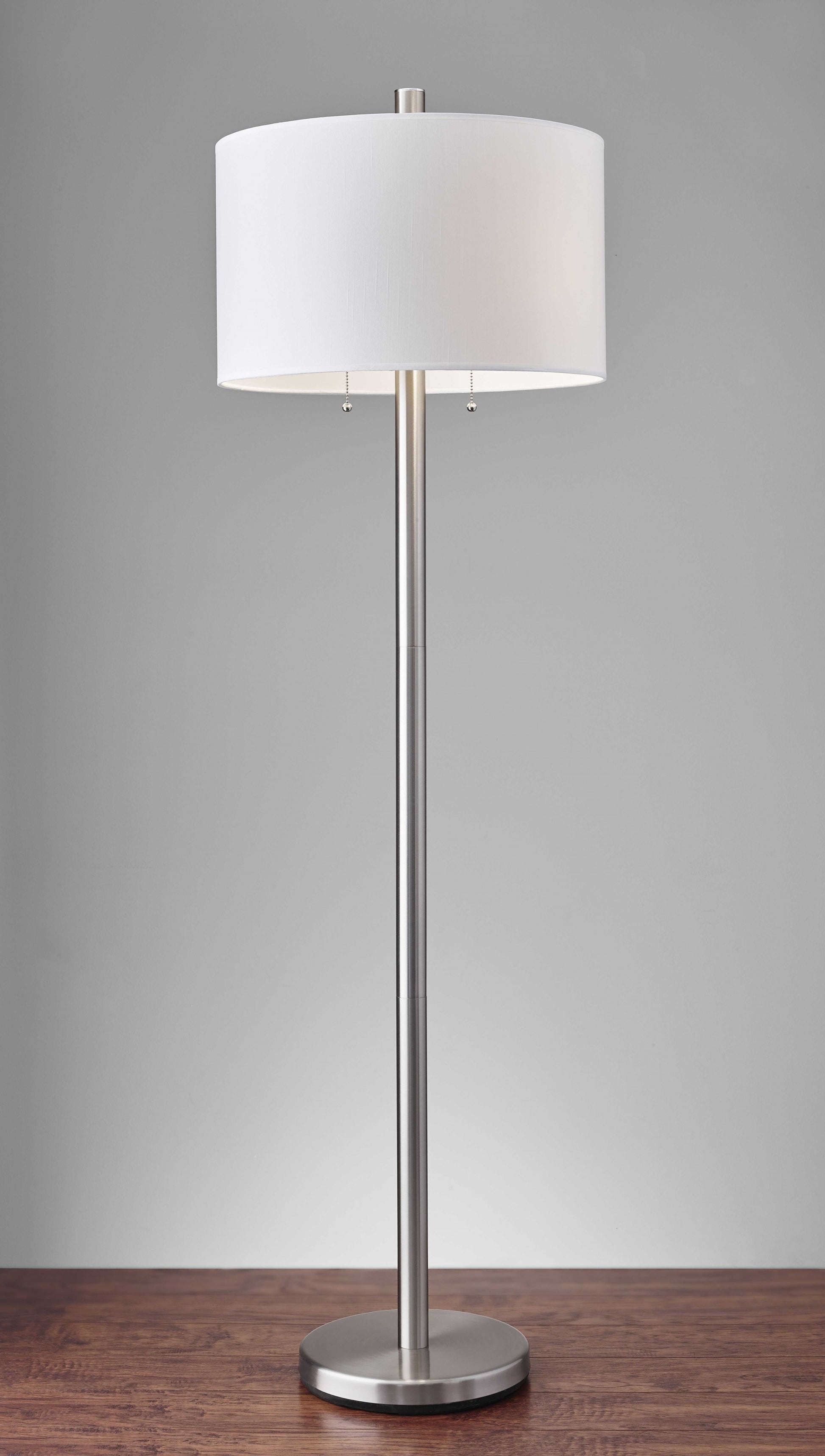 61" Silver Two Light Floor Lamp With White Fabric Drum Shade-Floor Lamps-DECOROLALA