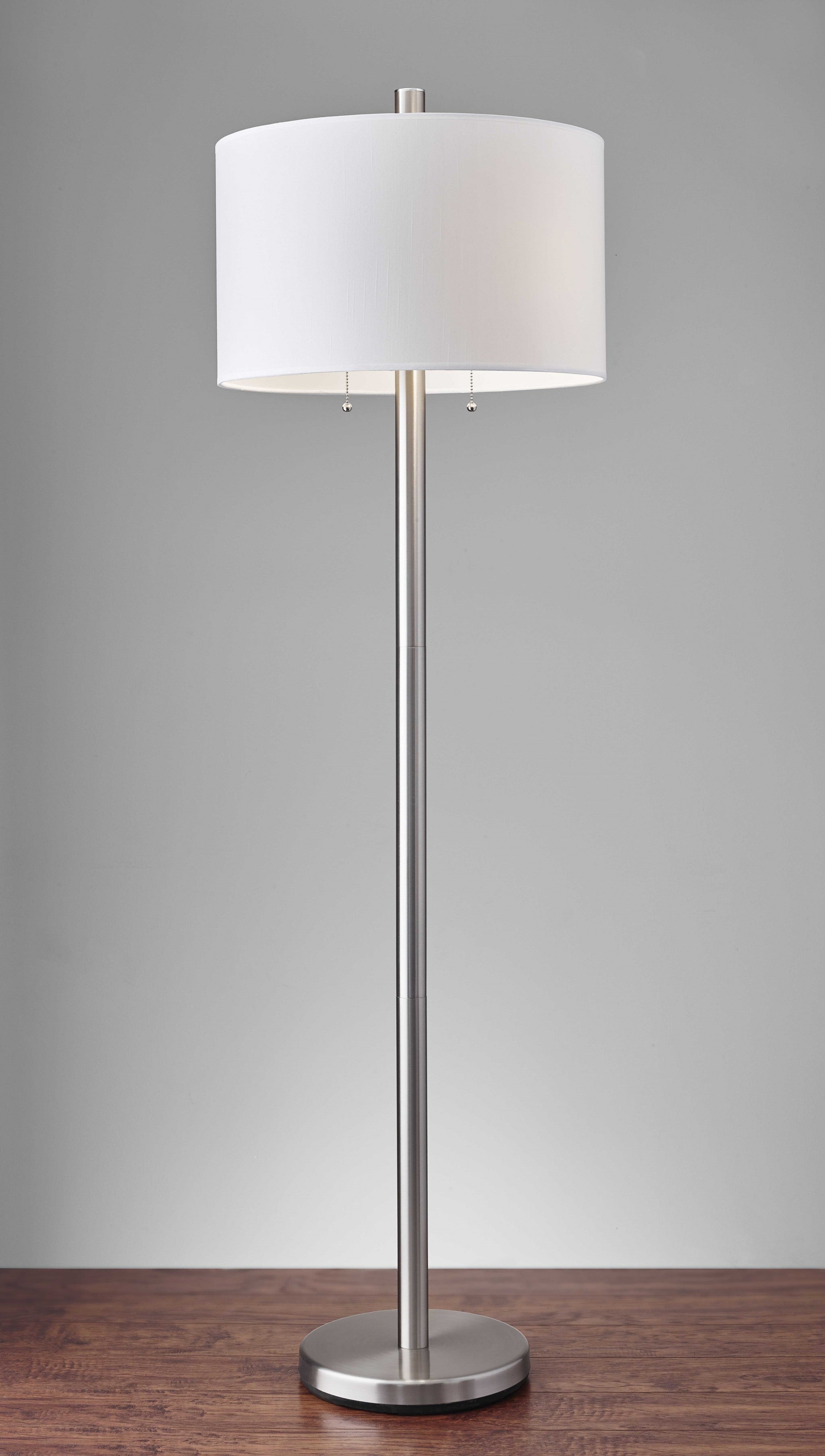 61" Silver Two Light Floor Lamp With White Fabric Drum Shade-Floor Lamps-DECOROLALA