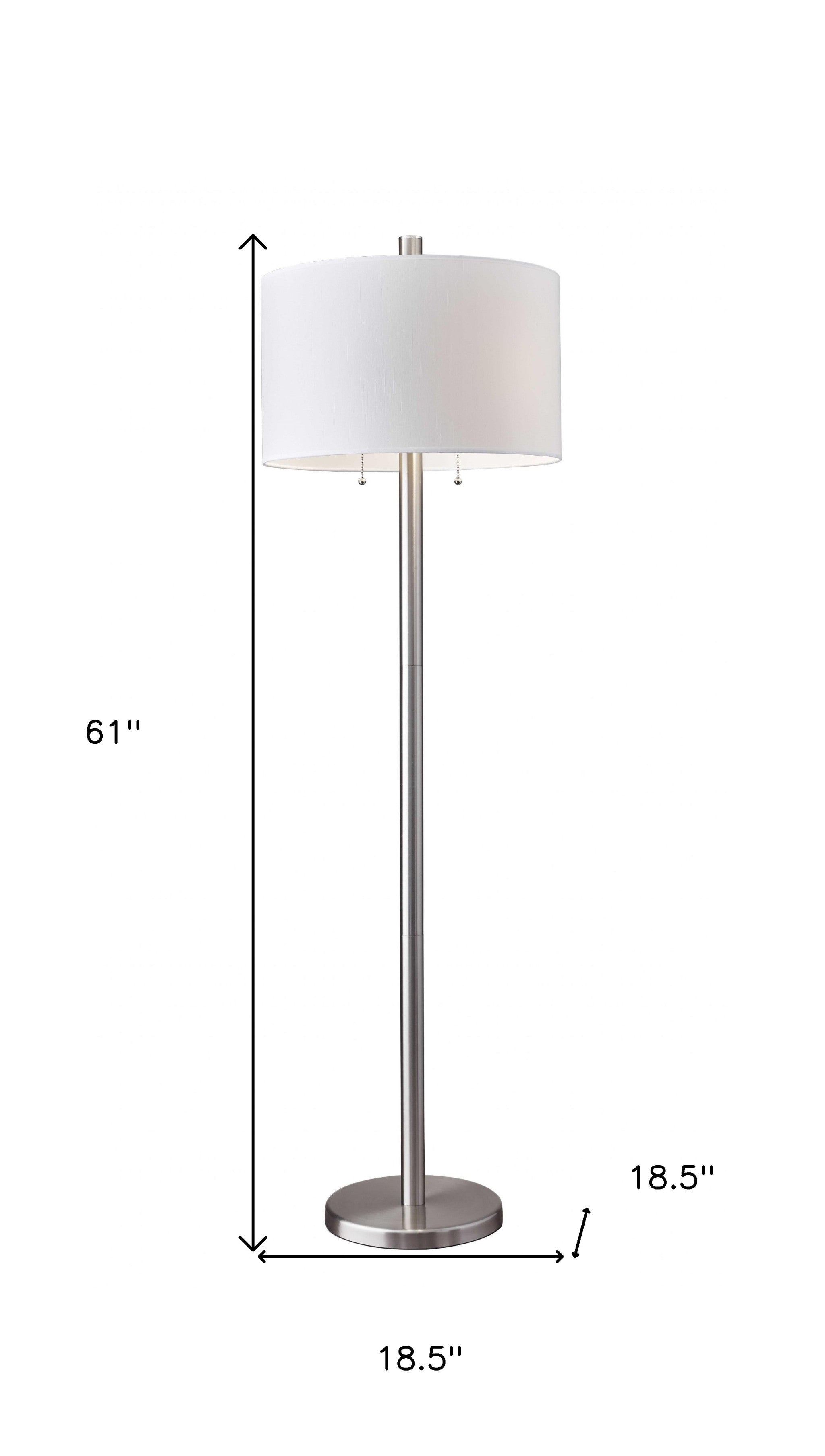 61" Silver Two Light Floor Lamp With White Fabric Drum Shade-Floor Lamps-DECOROLALA