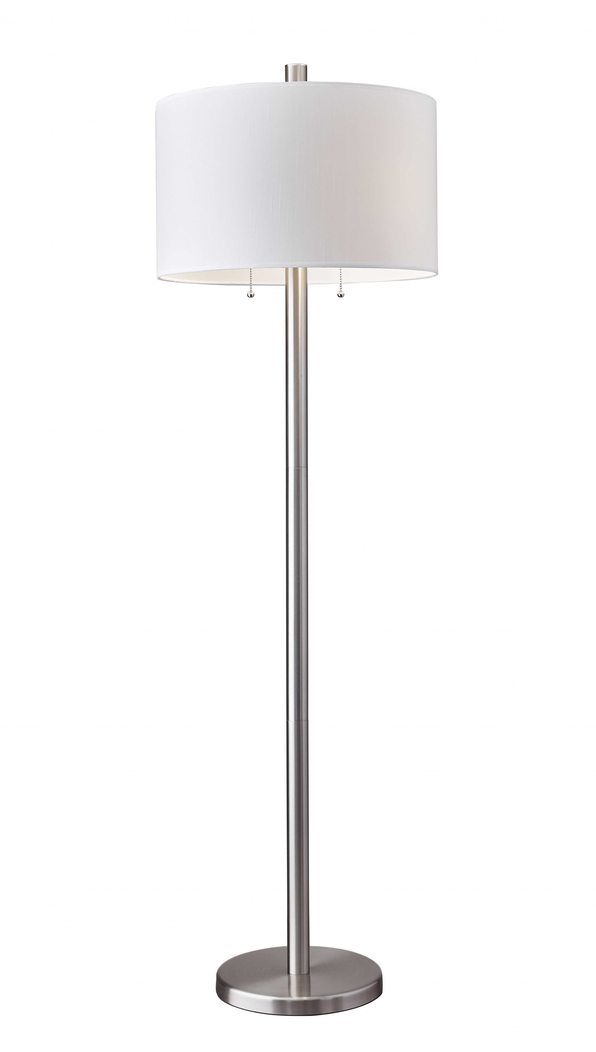 61" Silver Two Light Floor Lamp With White Fabric Drum Shade-Floor Lamps-DECOROLALA
