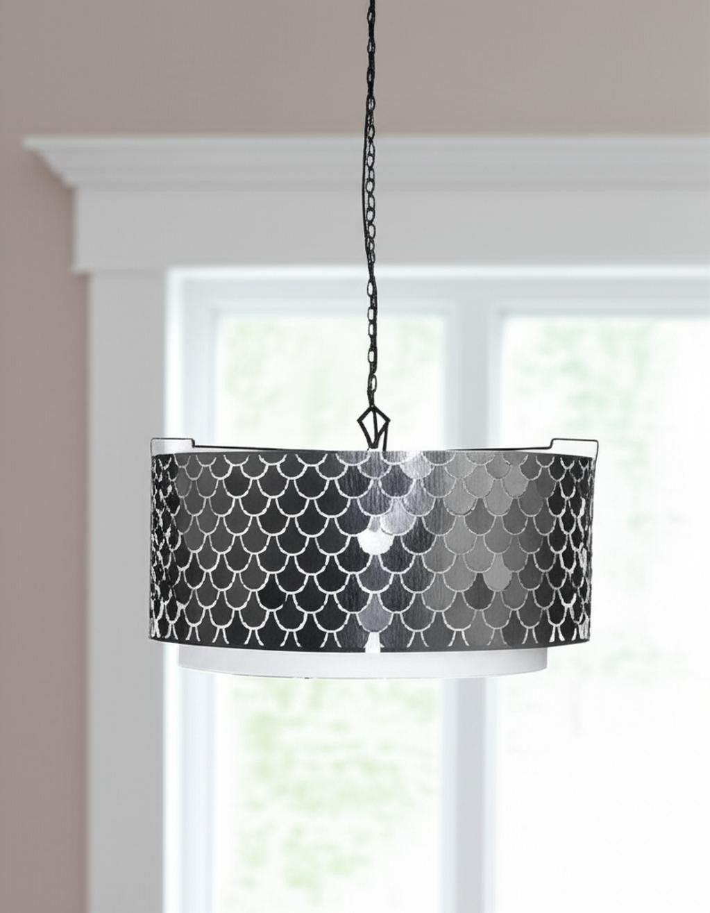Charcoal Black And White Drum Metal Dimmable Chandelier With Black Shades-Chandeliers-DECOROLALA