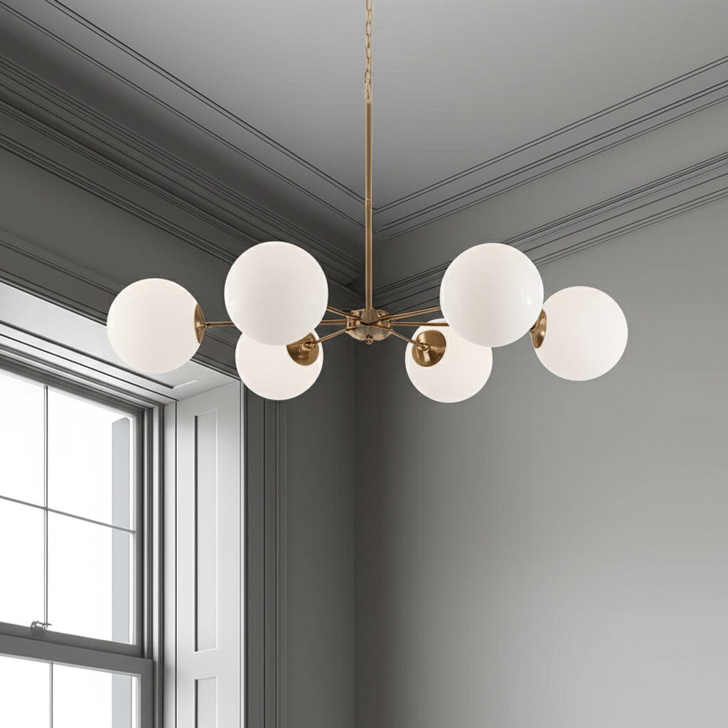 Gold Sputnik Six Light Frosted Metal Dimmable Chandelier With White Shades-Chandeliers-DECOROLALA