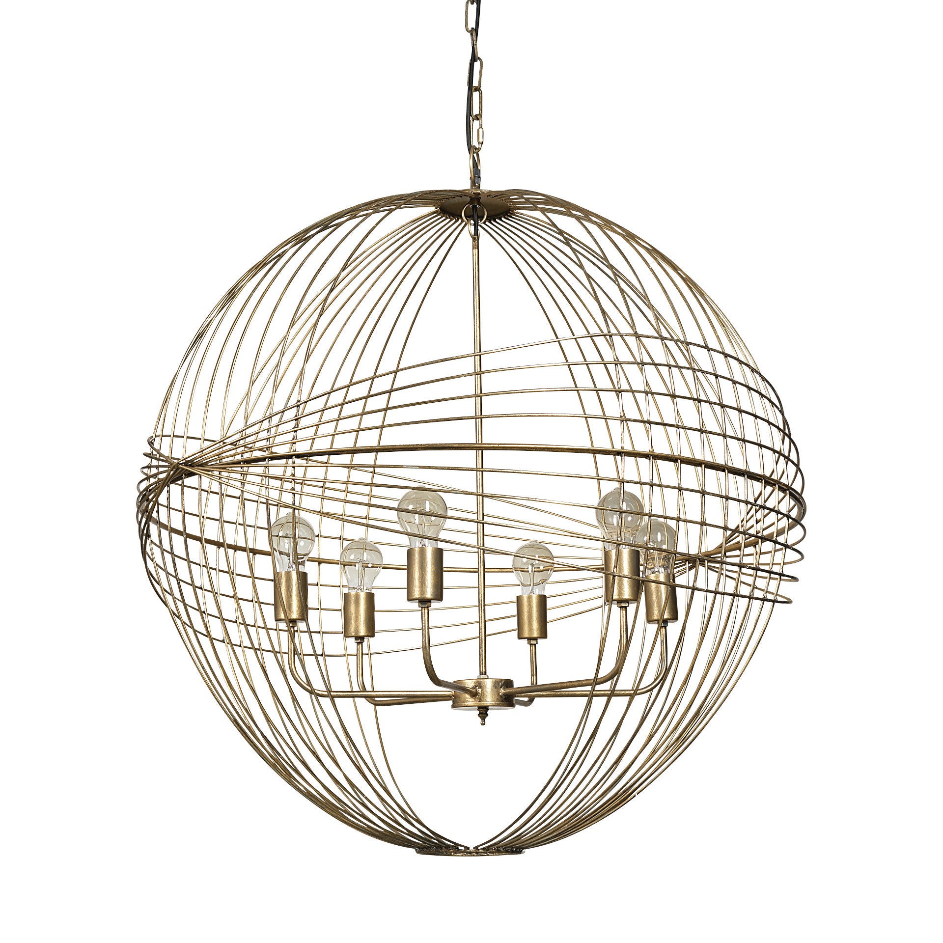 Gold Caged Six Light Metal and Glass Dimmable Chandelier With Gold Shades-Chandeliers-DECOROLALA