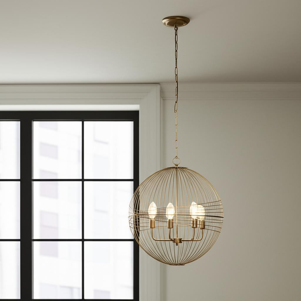 Gold Caged Six Light Metal and Glass Dimmable Chandelier With Gold Shades-Chandeliers-DECOROLALA