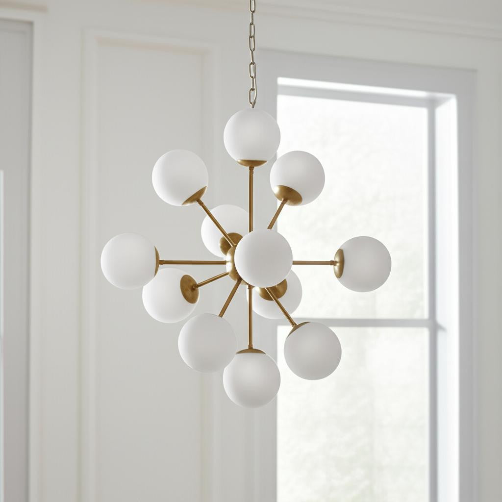 Gold Sputnik Eleven Light Frosted Metal and Glass Dimmable Chandelier With White Shades-Chandeliers-DECOROLALA