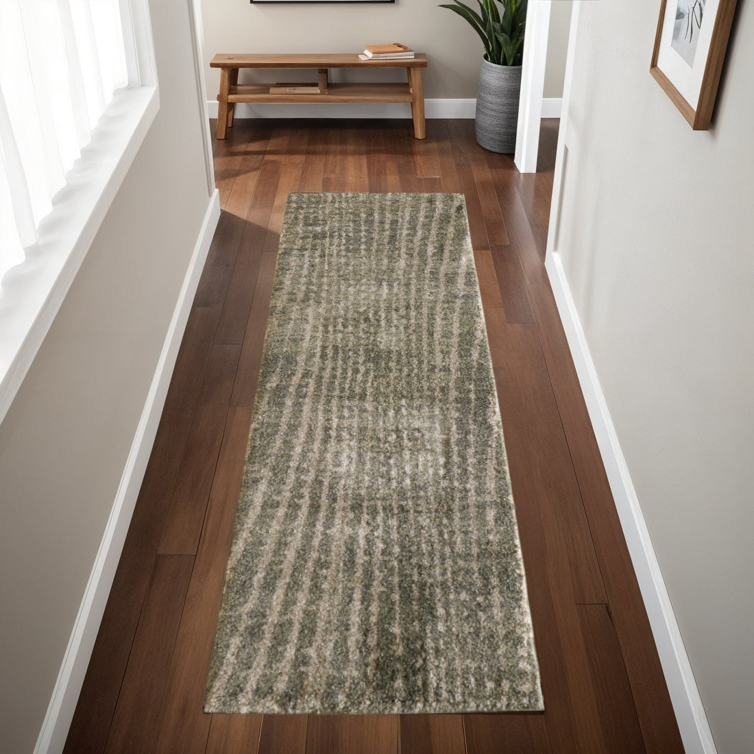 8' Green And Tan Abstract Runner Rug-0