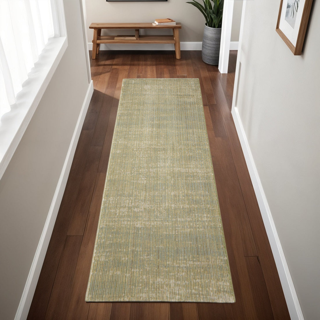 8' Green And Tan Runner Rug-0