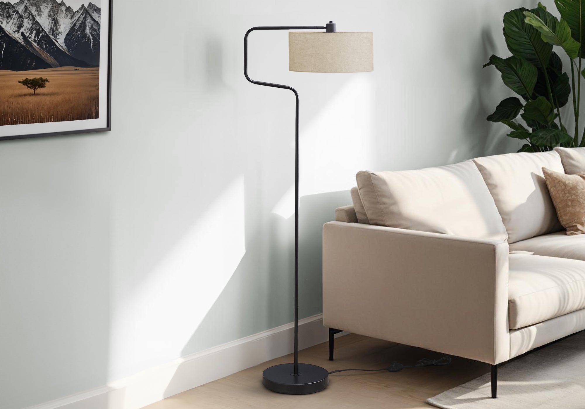 61"H Floor Lamp Black Metal Beige Shade-Lighting-DECOROLALA