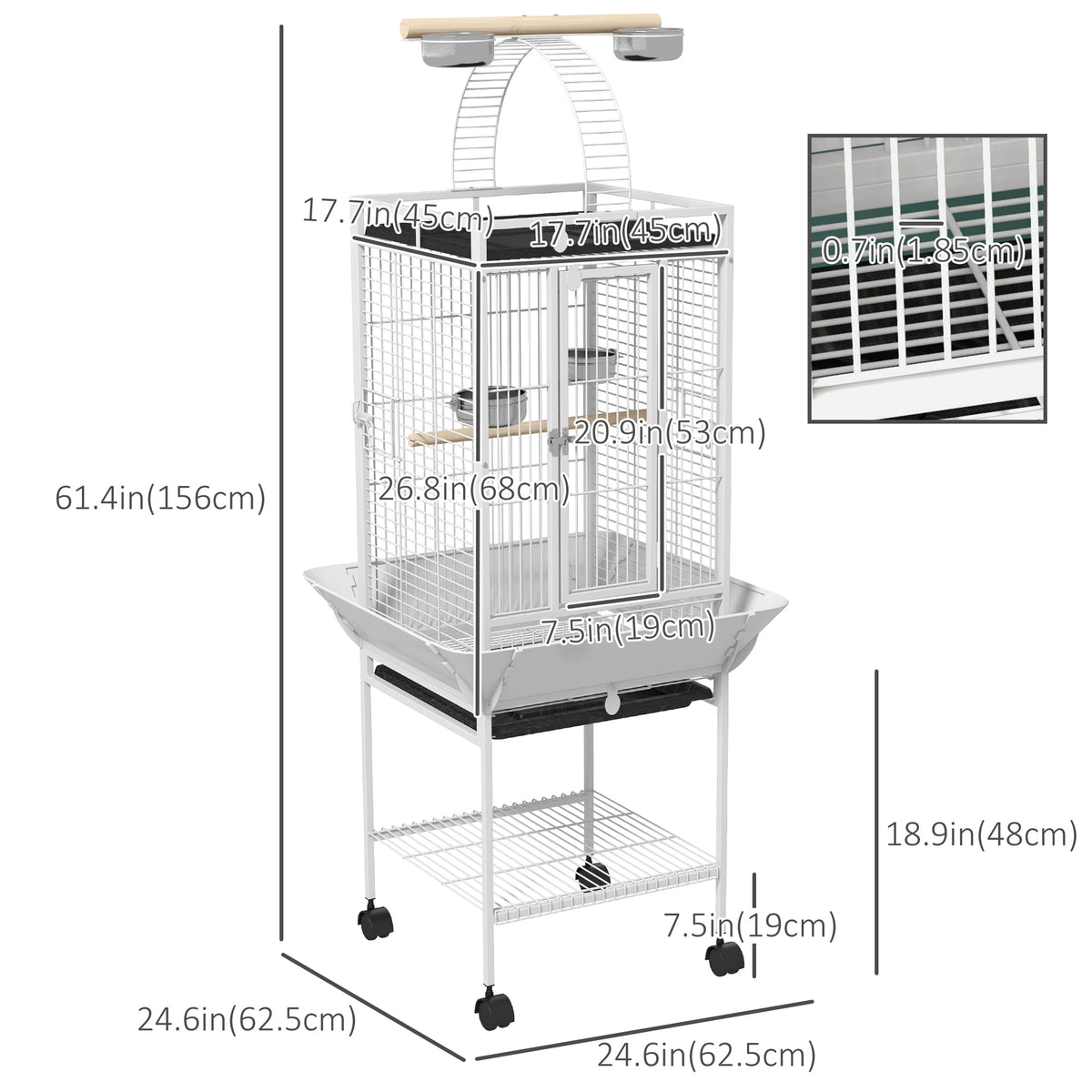 61.5" Bird Cage with Rolling Stand and Play Top - White-Birds-DECOROLALA
