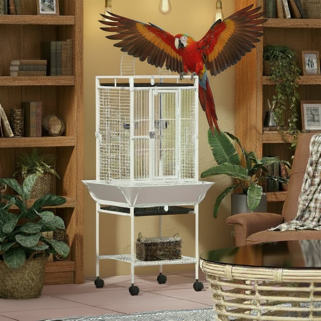 61.5" Bird Cage with Rolling Stand and Play Top - White-Birds-DECOROLALA