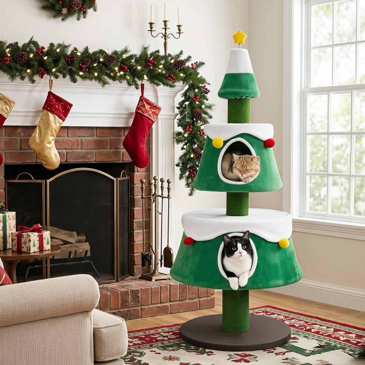 61.5" Cat Christmas Tree for Indoor Kittens with 2 Large Condos Star Spring Toy and Decorative Balls-Green-Cat Trees & Scratchers-DECOROLALA