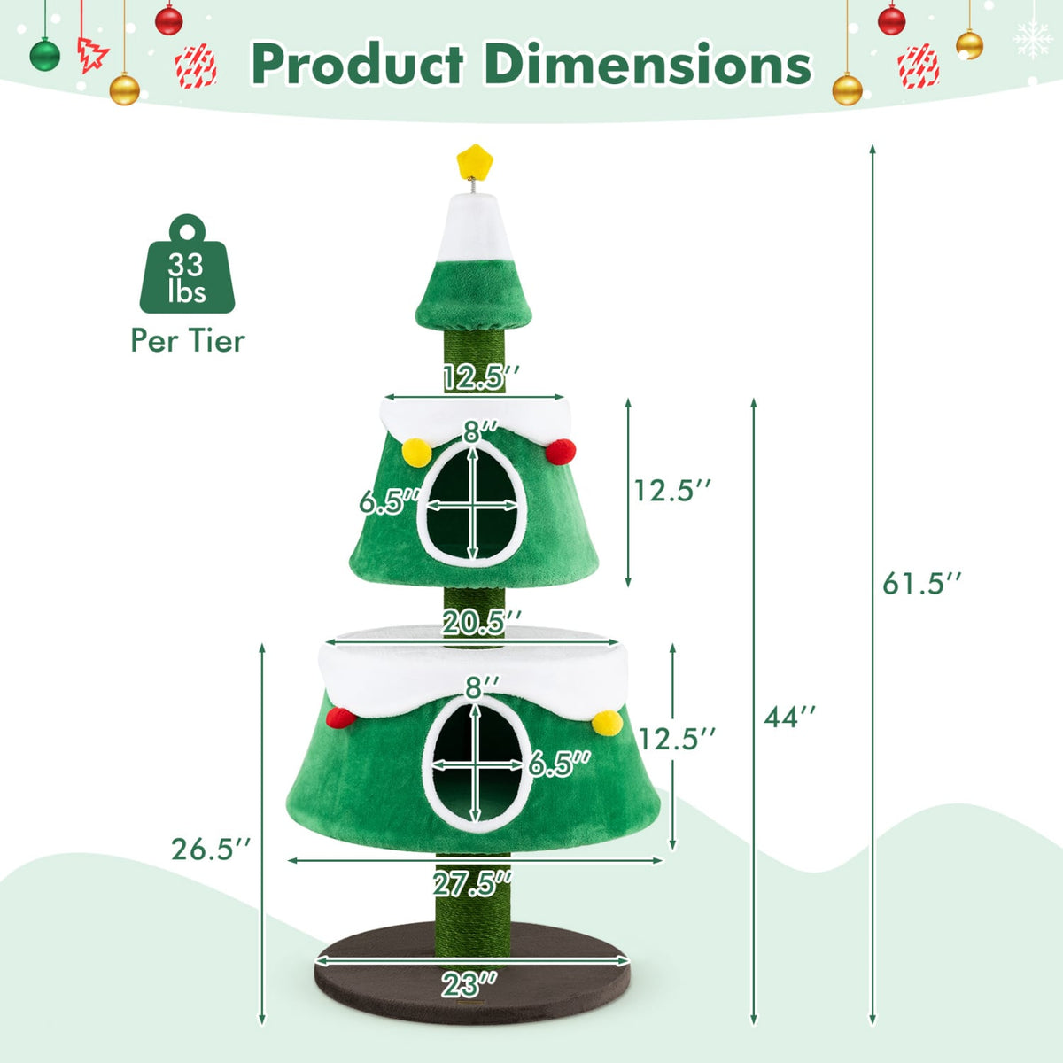 61.5" Cat Christmas Tree for Indoor Kittens with 2 Large Condos Star Spring Toy and Decorative Balls-Green-Cat Trees & Scratchers-DECOROLALA