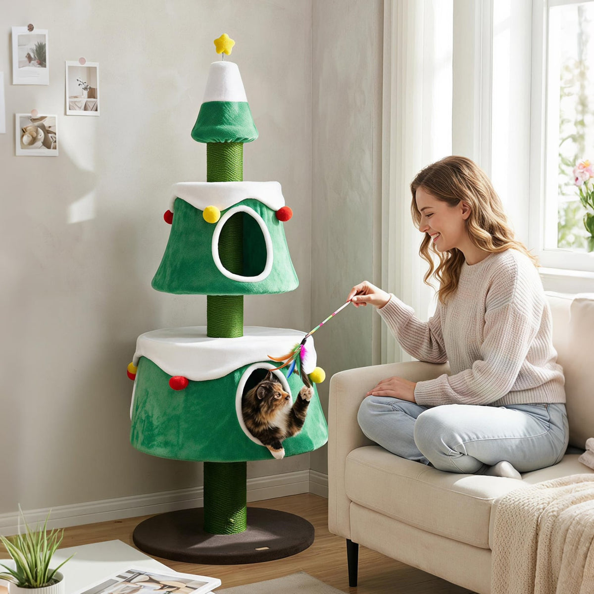 61.5" Cat Christmas Tree for Indoor Kittens with 2 Large Condos Star Spring Toy and Decorative Balls-Green-Cat Trees & Scratchers-DECOROLALA