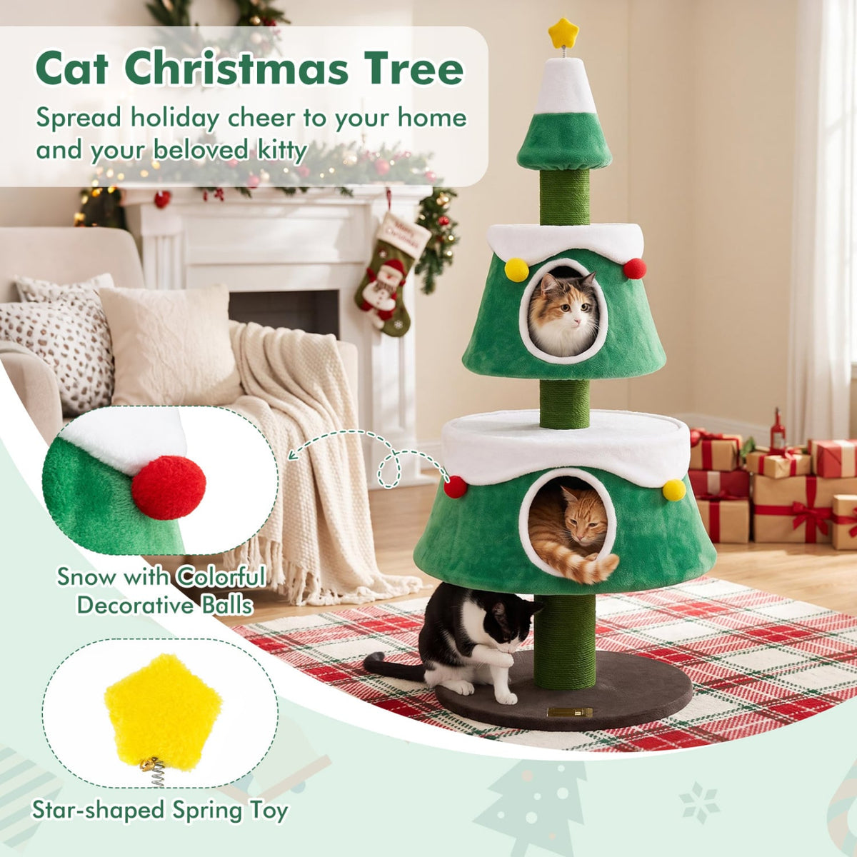 61.5" Cat Christmas Tree for Indoor Kittens with 2 Large Condos Star Spring Toy and Decorative Balls-Green-Cat Trees & Scratchers-DECOROLALA