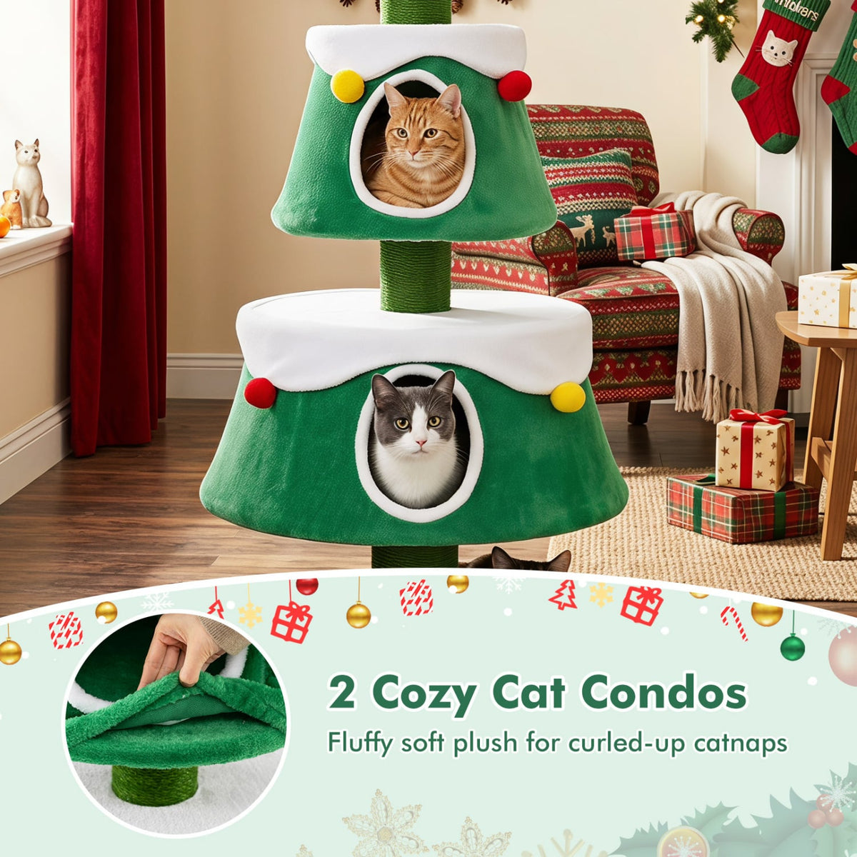61.5" Cat Christmas Tree for Indoor Kittens with 2 Large Condos Star Spring Toy and Decorative Balls-Green-Cat Trees & Scratchers-DECOROLALA