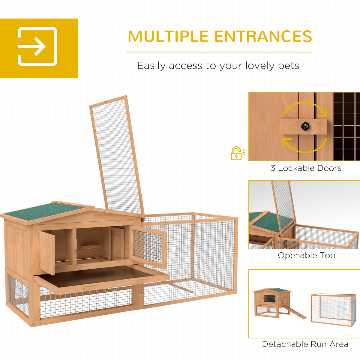 62" 2-Story Wooden Rabbit Hutch with Detachable Run - Natural-Small Animals-DECOROLALA