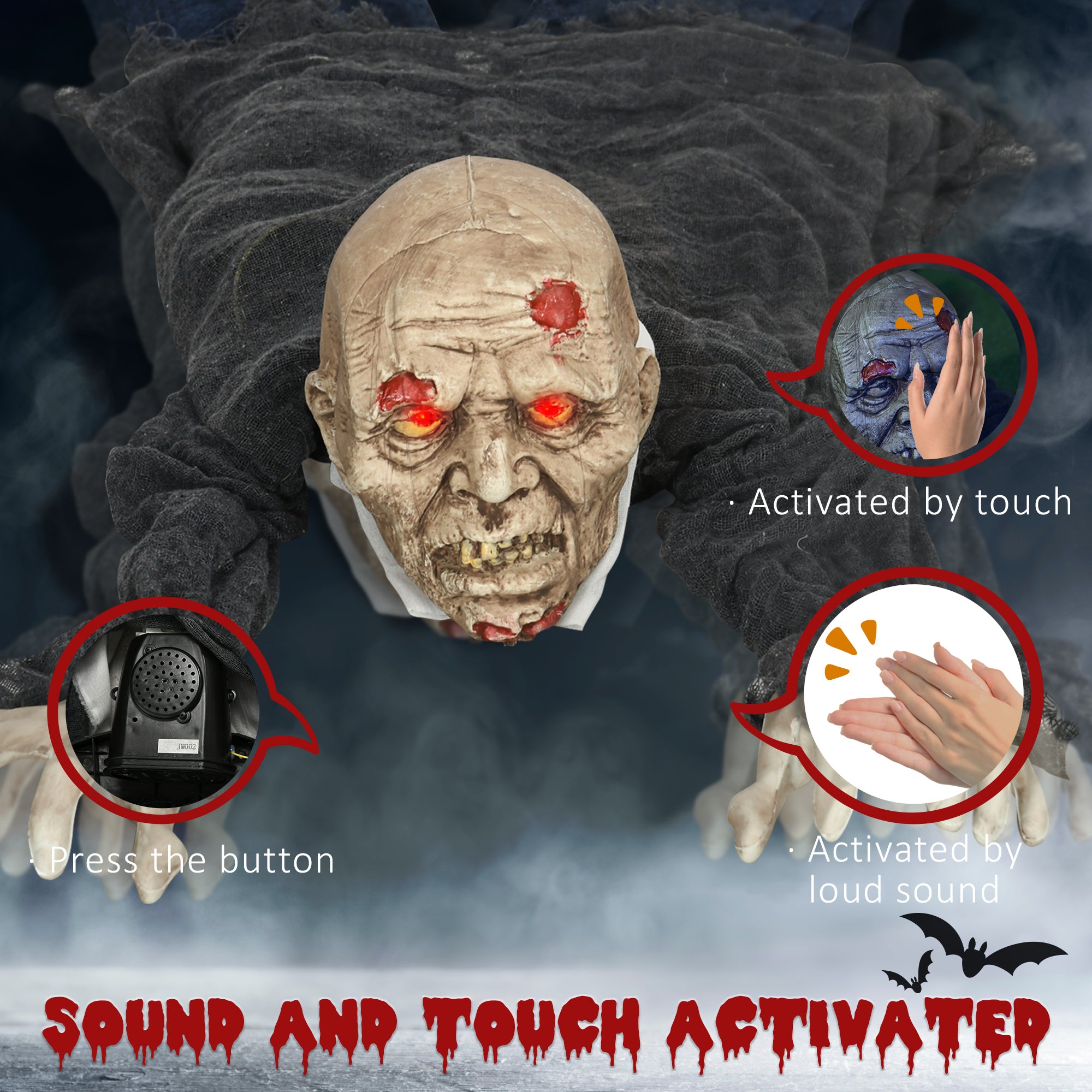 62" Animated Crawling Zombie Halloween Decoration-Home Furnishings > Holiday & Seasonal > Halloween Decorations-DECOROLALA