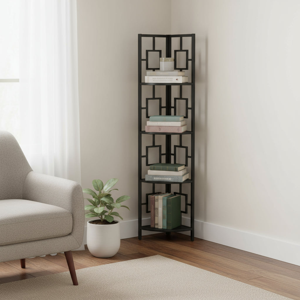 62" Black Metal Corner Bookcase-Bookcases-DECOROLALA