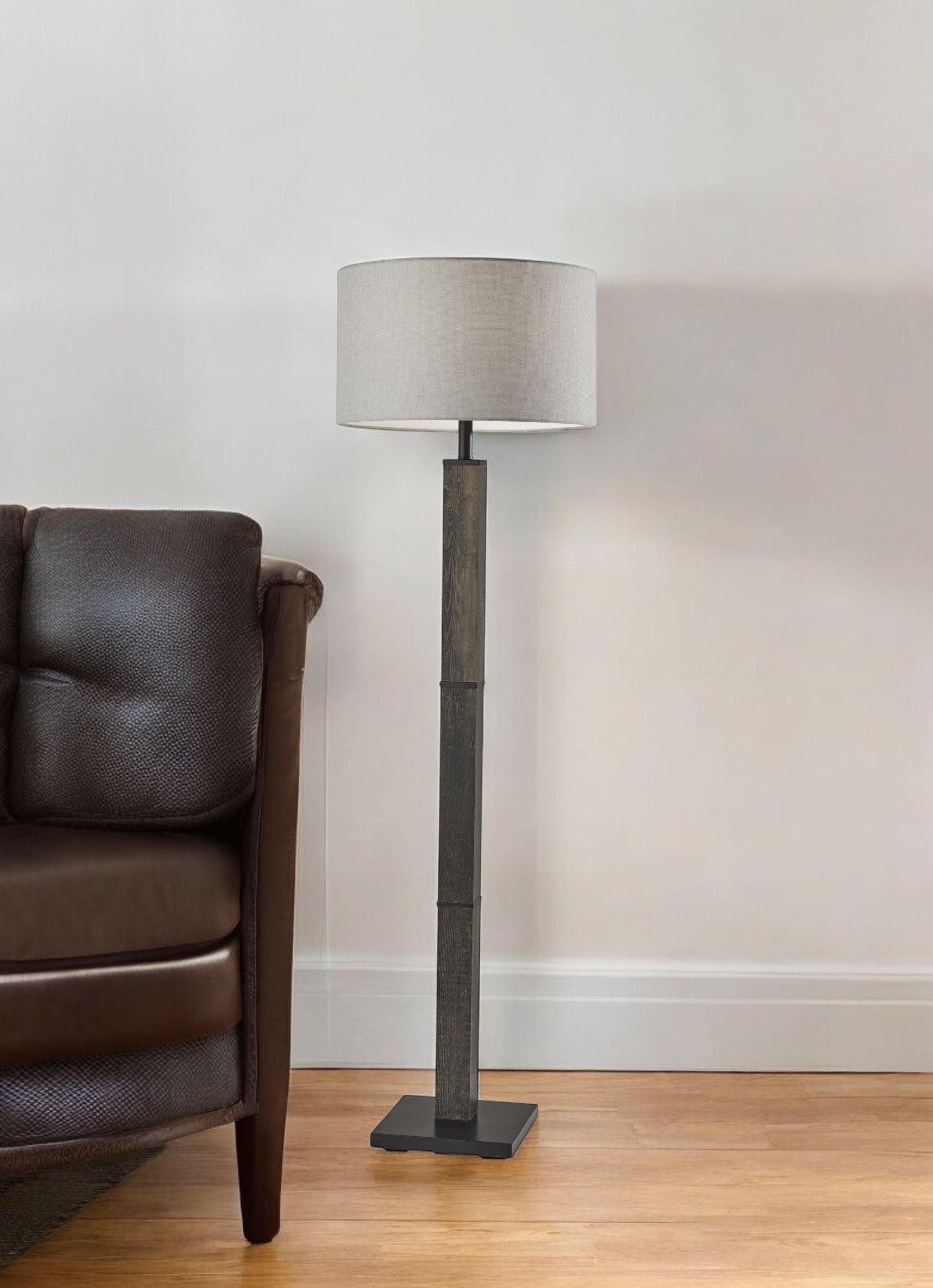 62" Black Wood And Metal Floor Lamp With Light Gray Fabric Drum Shade-Floor Lamps-DECOROLALA