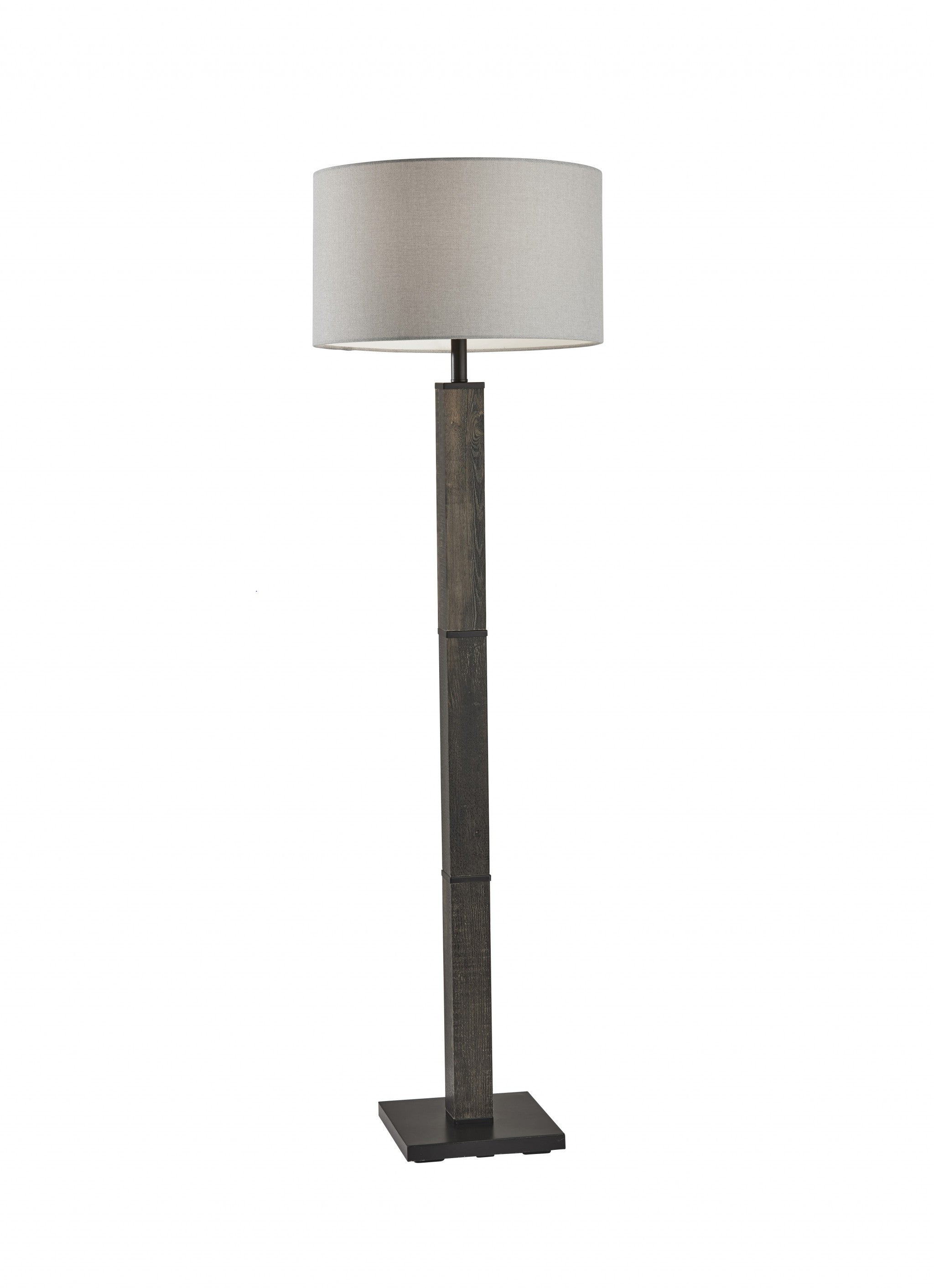 62" Black Wood And Metal Floor Lamp With Light Gray Fabric Drum Shade-Floor Lamps-DECOROLALA