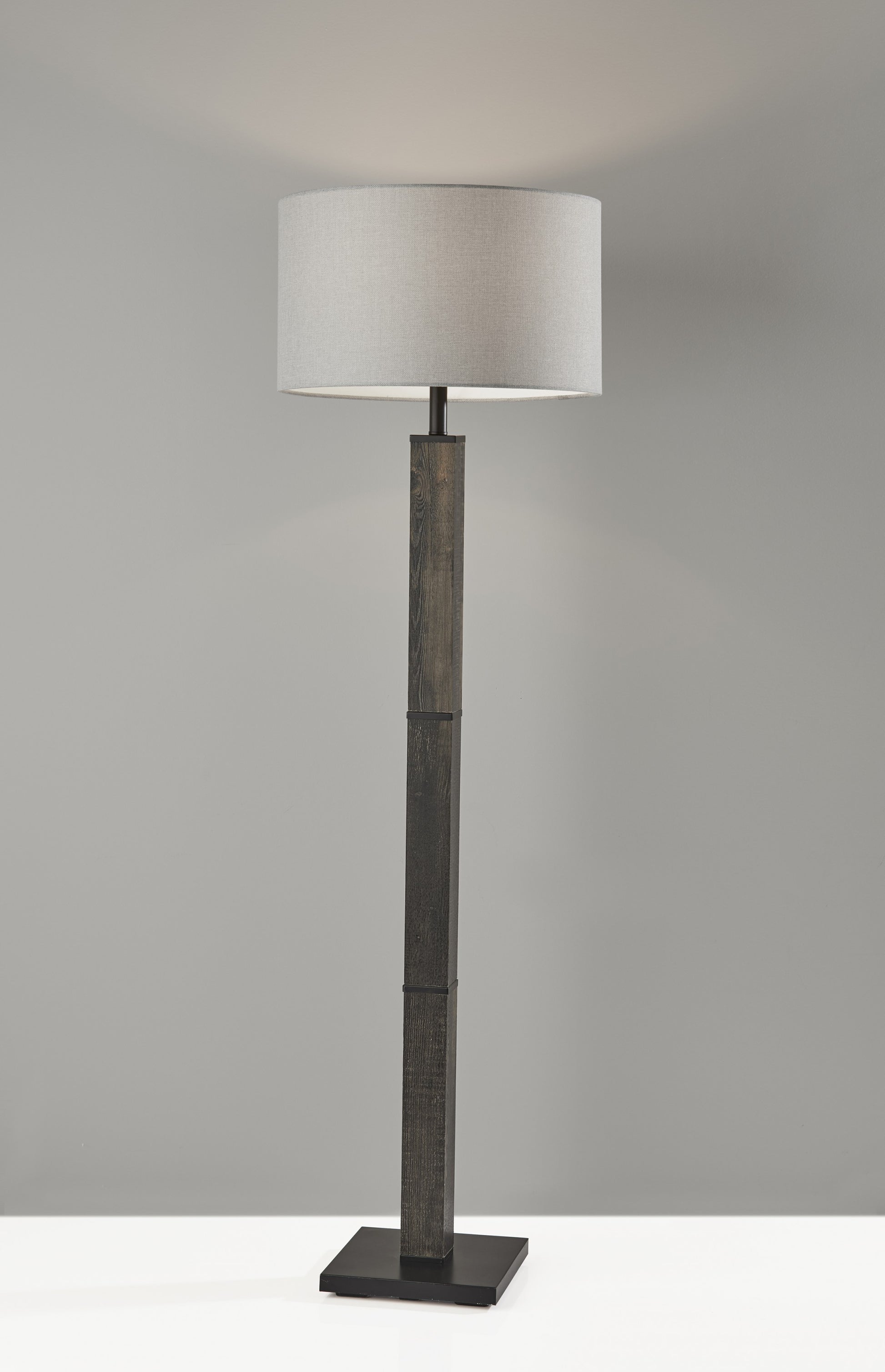 62" Black Wood And Metal Floor Lamp With Light Gray Fabric Drum Shade-Floor Lamps-DECOROLALA
