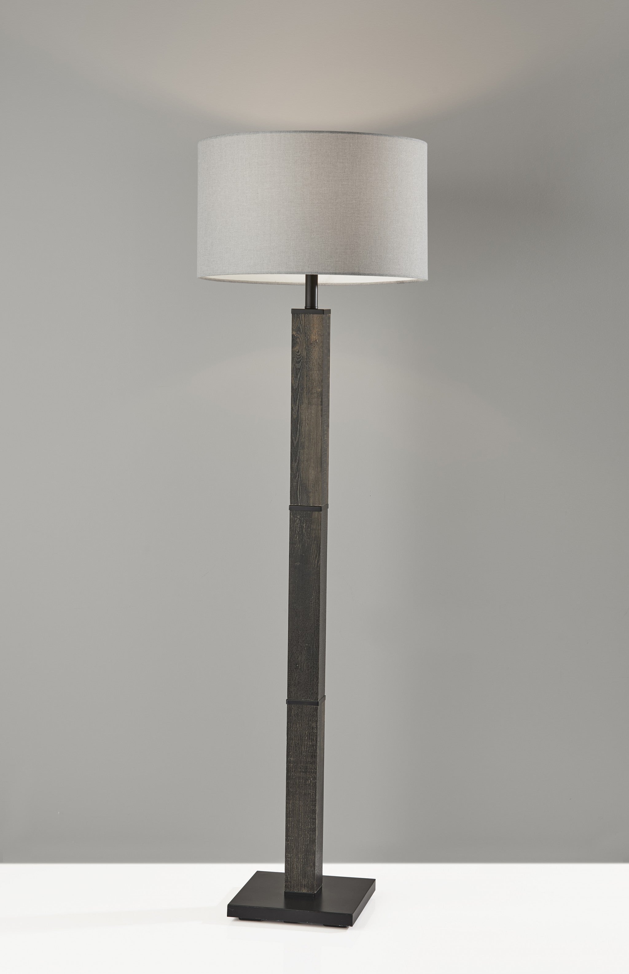 62" Black Wood And Metal Floor Lamp With Light Gray Fabric Drum Shade-Floor Lamps-DECOROLALA