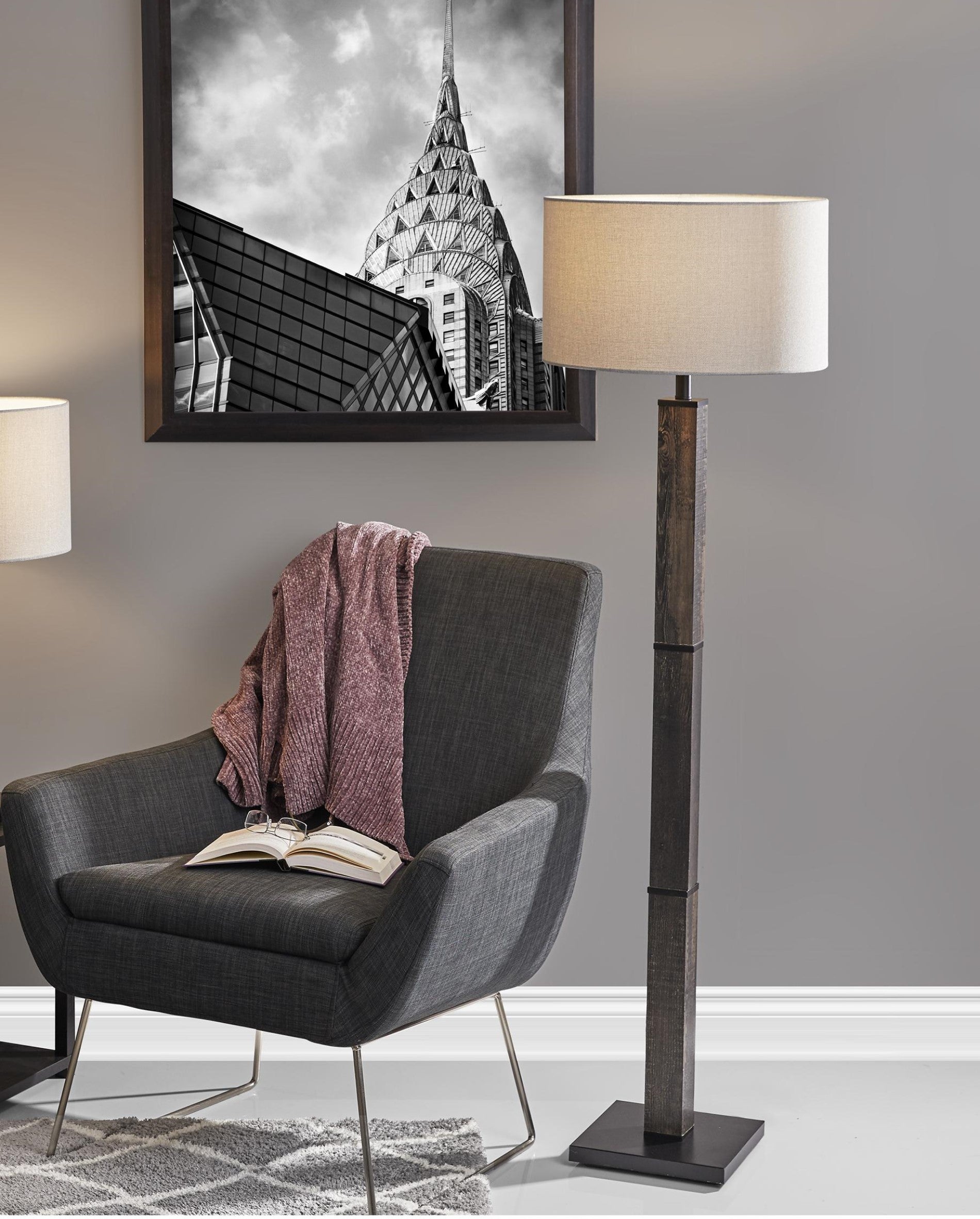 62" Black Wood And Metal Floor Lamp With Light Gray Fabric Drum Shade-Floor Lamps-DECOROLALA