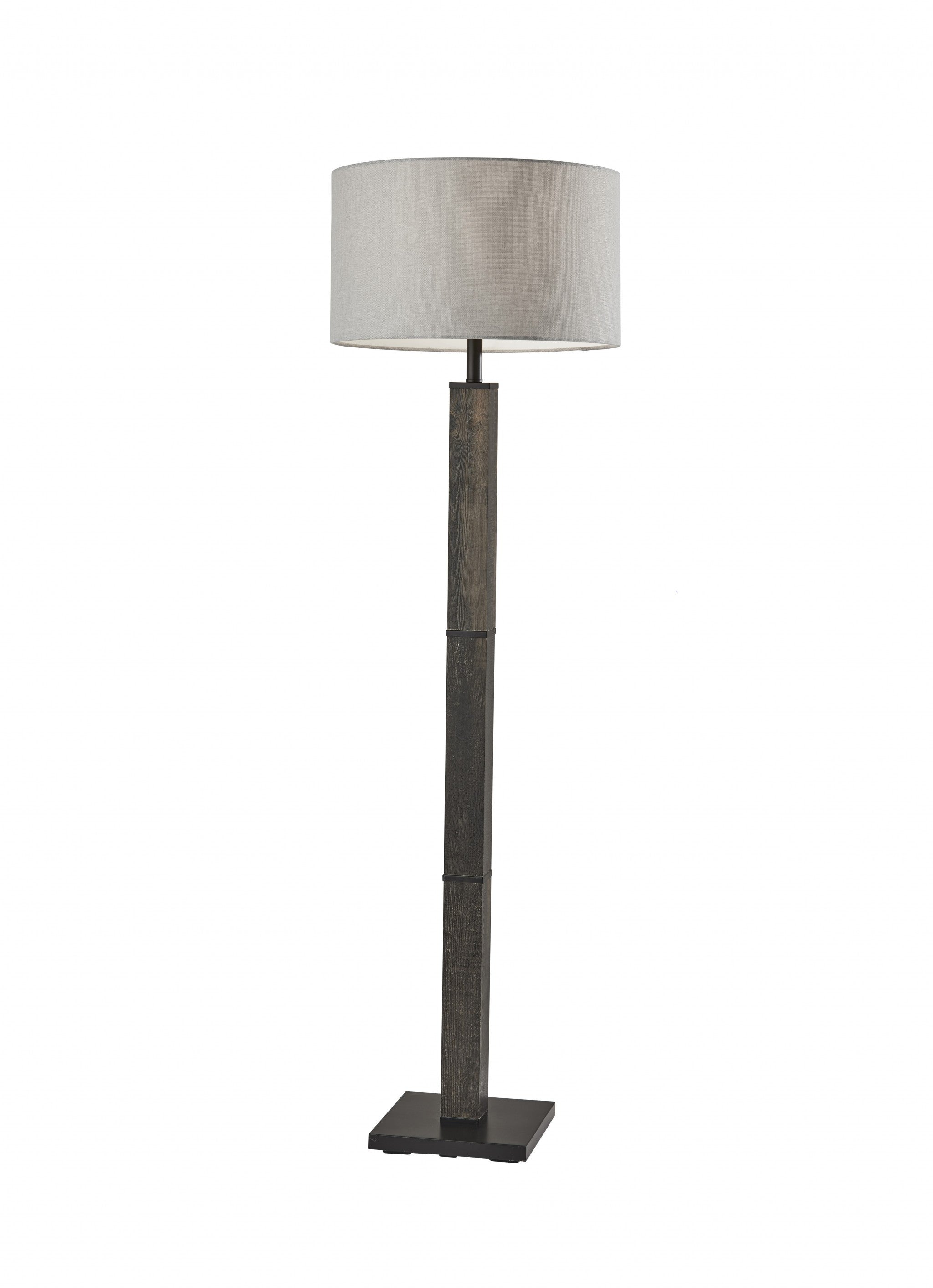 62" Black Wood And Metal Floor Lamp With Light Gray Fabric Drum Shade-Floor Lamps-DECOROLALA